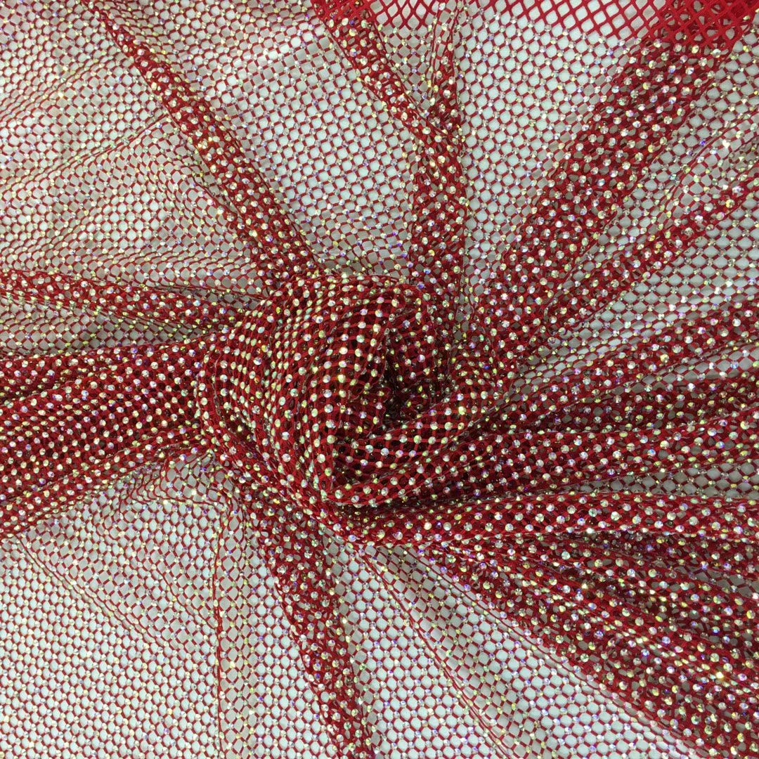 AJT 1 Yard Sexy Fishnet Fabric with Shiny AB Crystal Rhinestones - Soft Elastic Hollow Mesh Material for Women's Clothing, Costumes & DIY Crafts (Red, SS10/15091CM) - Perfect for Lingerie, Dancewear, Halloween Costumes & Fashion Accessories