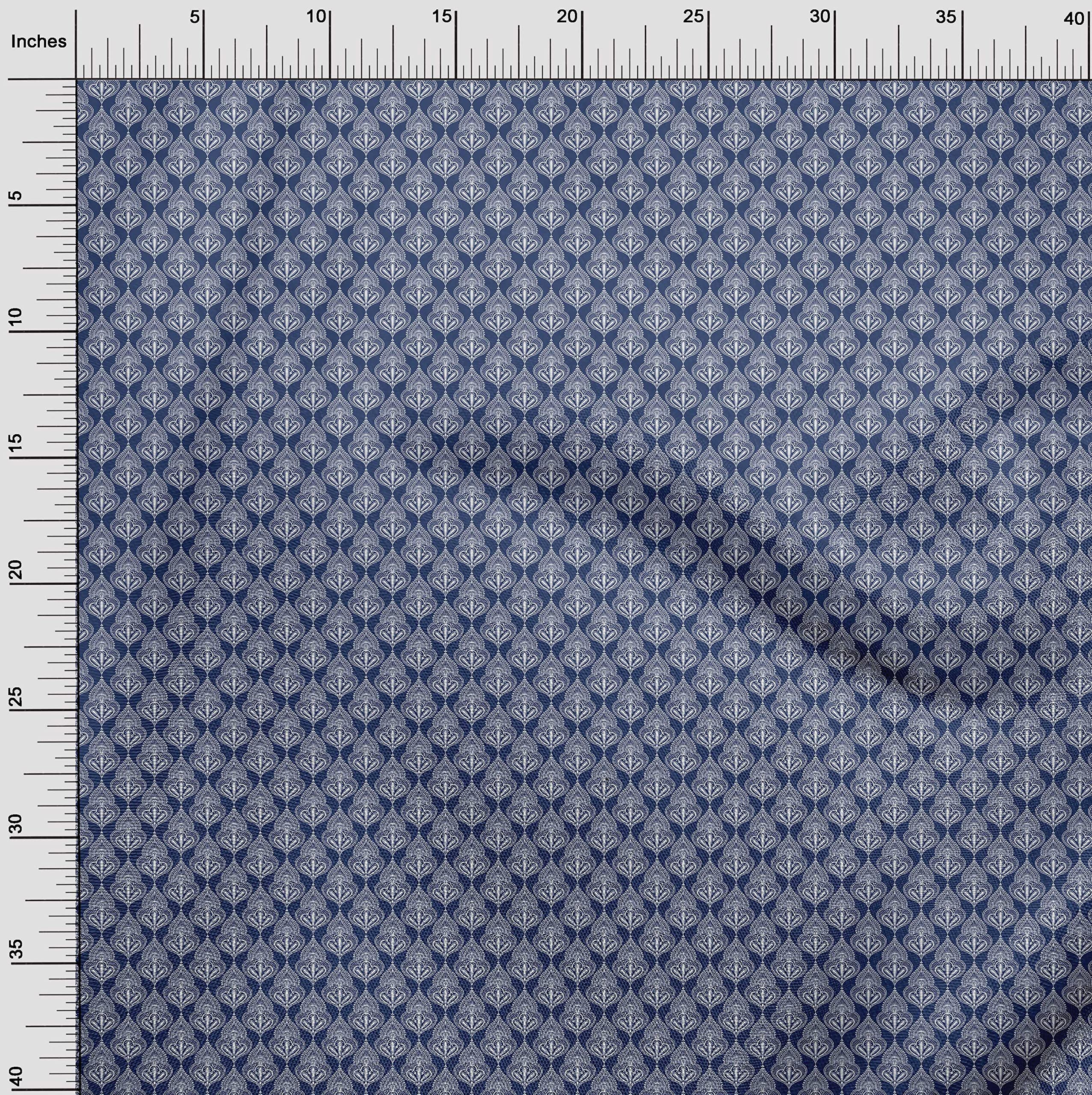 Premium Blue Polyester Spandex Fabric with Asian Block Print - 56