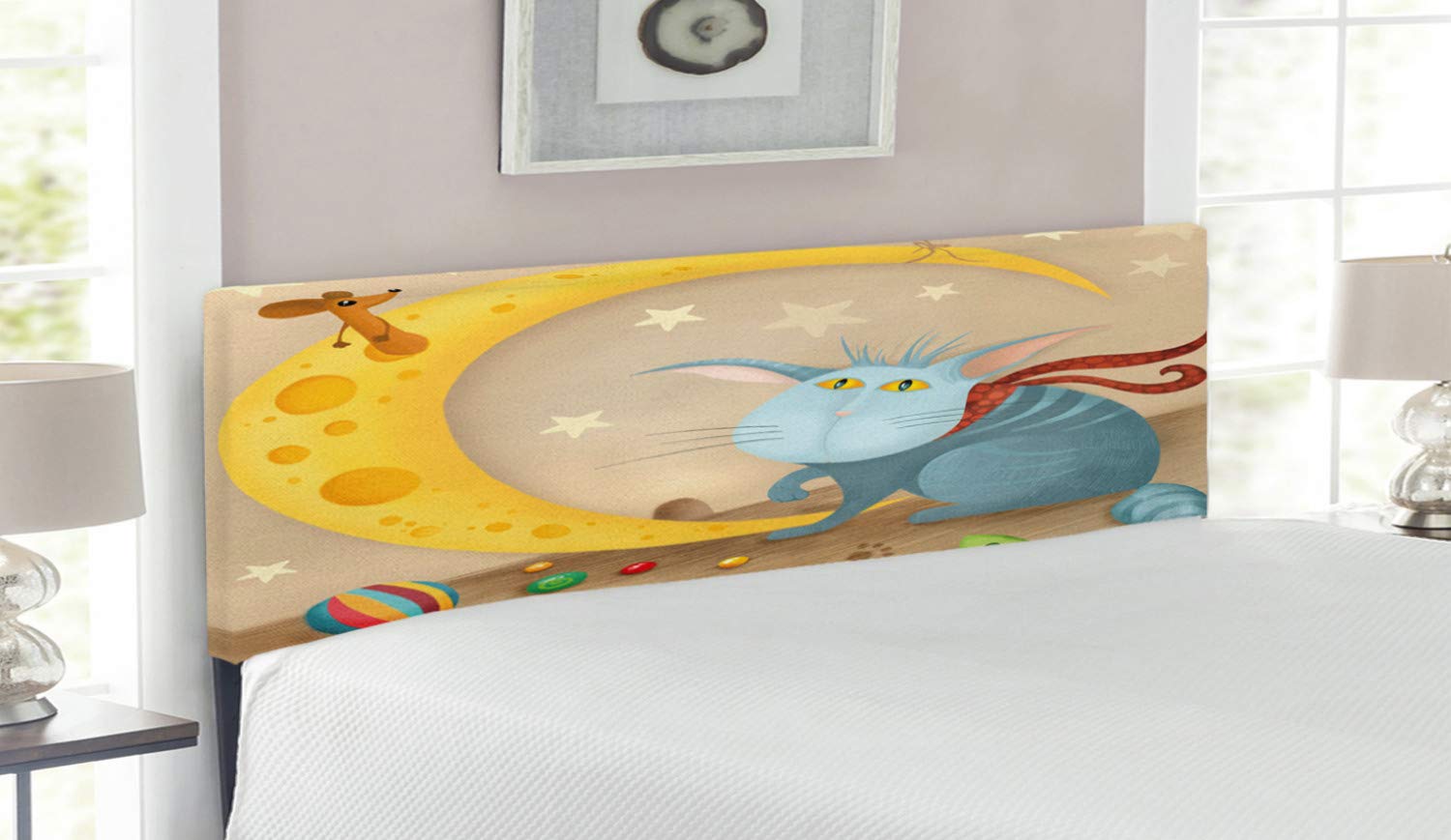 Ambesonne Funny Cat and Mouse Cartoon Upholstered Metal Headboard - Queen Size Memory Foam Decorative Bed Headboard with Crescent Moon Cheese Design, Multicolor | Perfect for Kids' Bedrooms, Themed Guest Rooms & Whimsical Home Decor