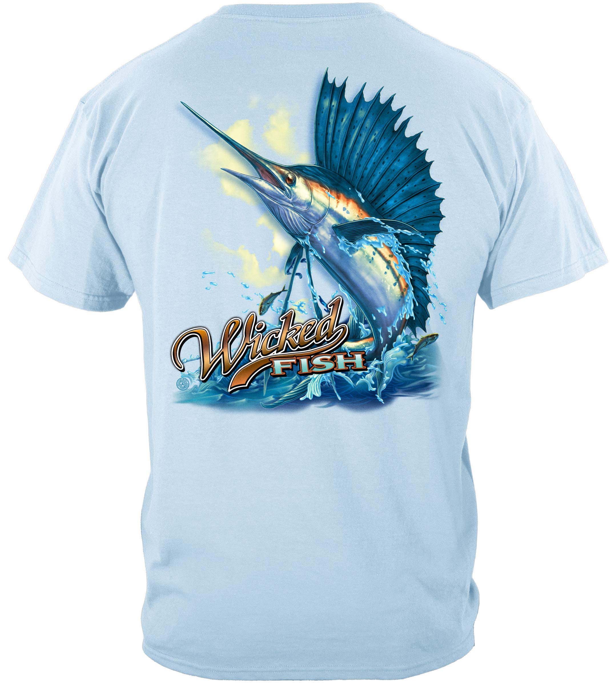 Erazor Bits Fishing T-Shirt - Wicked Sailfish Design - Men's Medium Size - Carolina Blue Color - Perfect for Fishing Trips & Outdoor Adventures