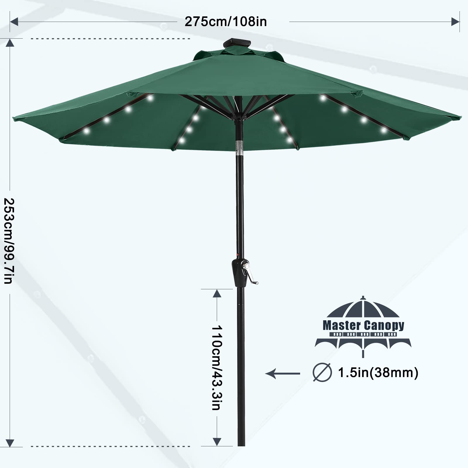 MASTERCANOPY 9ft Patio Umbrella with 32 Solar LED Lights - 8 Ribs, Forest Green Outdoor Market Umbrella for Deck, Poolside, Backyard, Garden & Beach Use