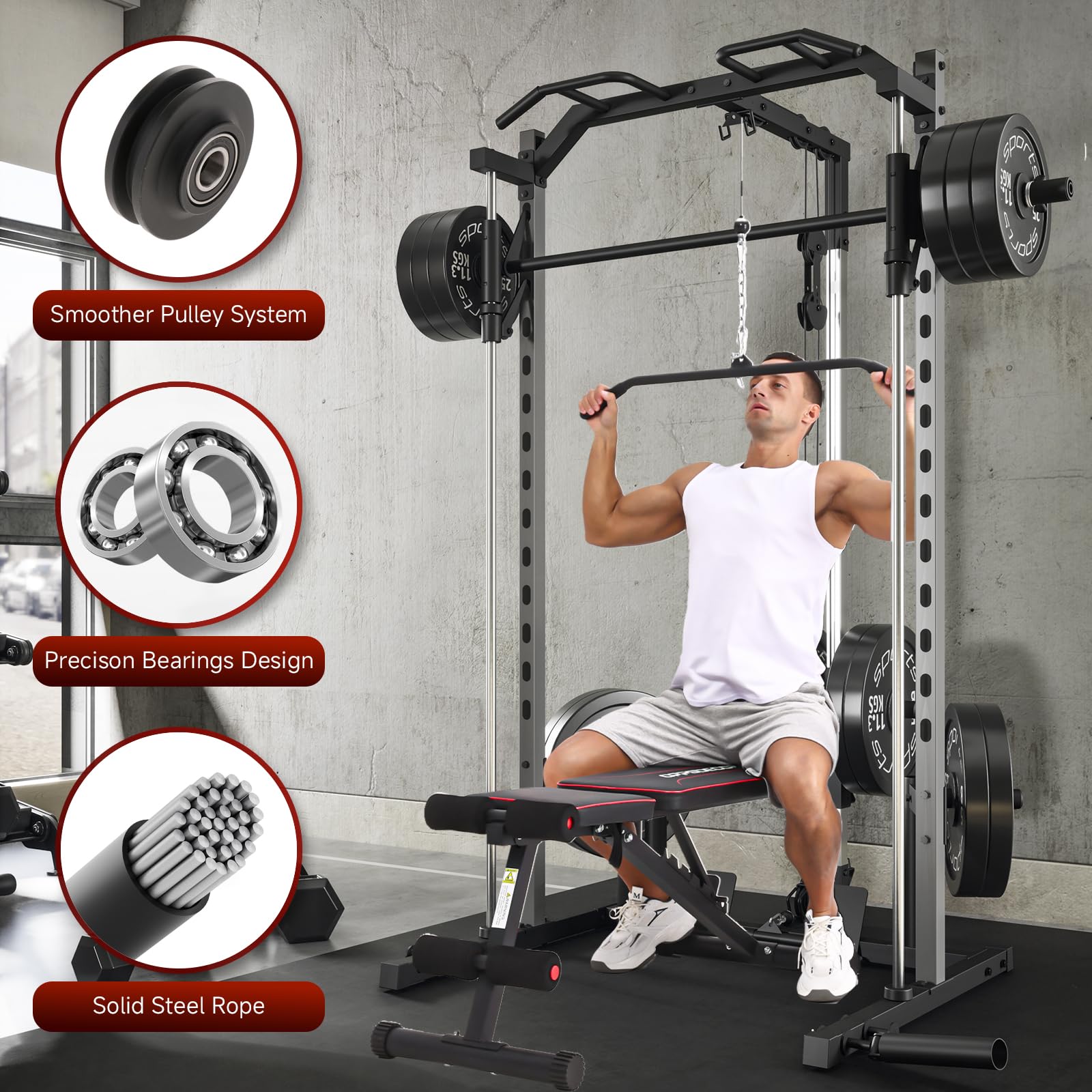 OPPSDECOR 1400LBS Smith Machine Power Rack - Heavy Duty Squat Rack with Smith Bar for Full Body Workout | Home Gym System with LAT Pulldown, Cable Crossover & Training Attachments | Perfect for Strength Training, Weight Lifting & Home Fitness