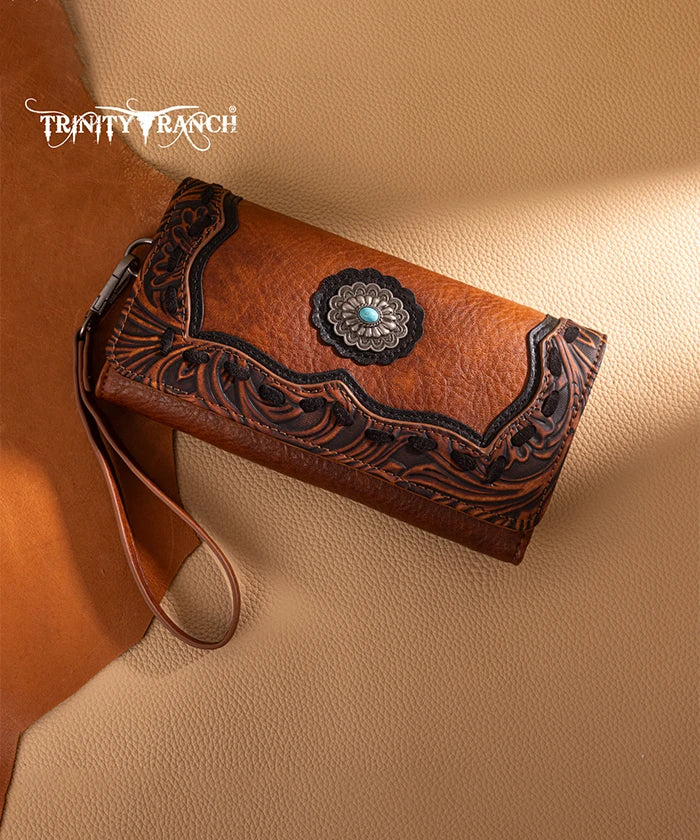 Trinity Ranch Floral Tooled Concho Tote Bag Set - Western Style Leather Handbag for Women - Perfect for Cowgirl Fashion, Rodeo Events & Country Outfits
