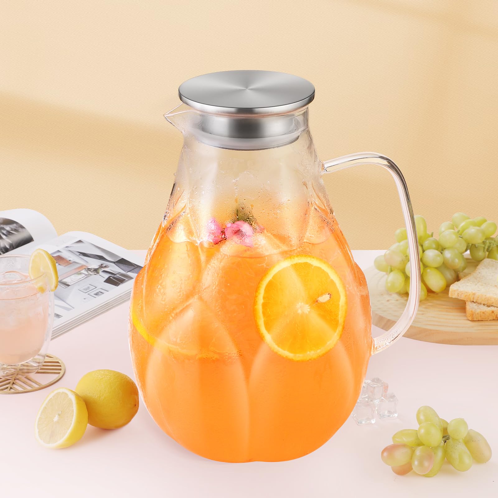 102oz Glass Pitcher with Lid - Stainless Steel Large Iced Tea Pitcher with Unique Petal Design - Lightweight Borosilicate Glass for Hot & Cold Drinks - Perfect for Iced Tea, Lemonade, Cocktails & Party Serving