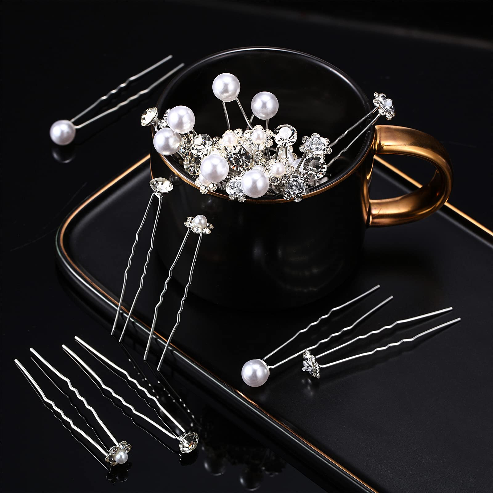 MTLEE 40 Pcs Pearl & Rhinestone U-Shaped Hair Pins for Wedding Bridesmaid Hair Accessories - Elegant Bobby Pins for Bridal Updos, Prom, and Special Occasions