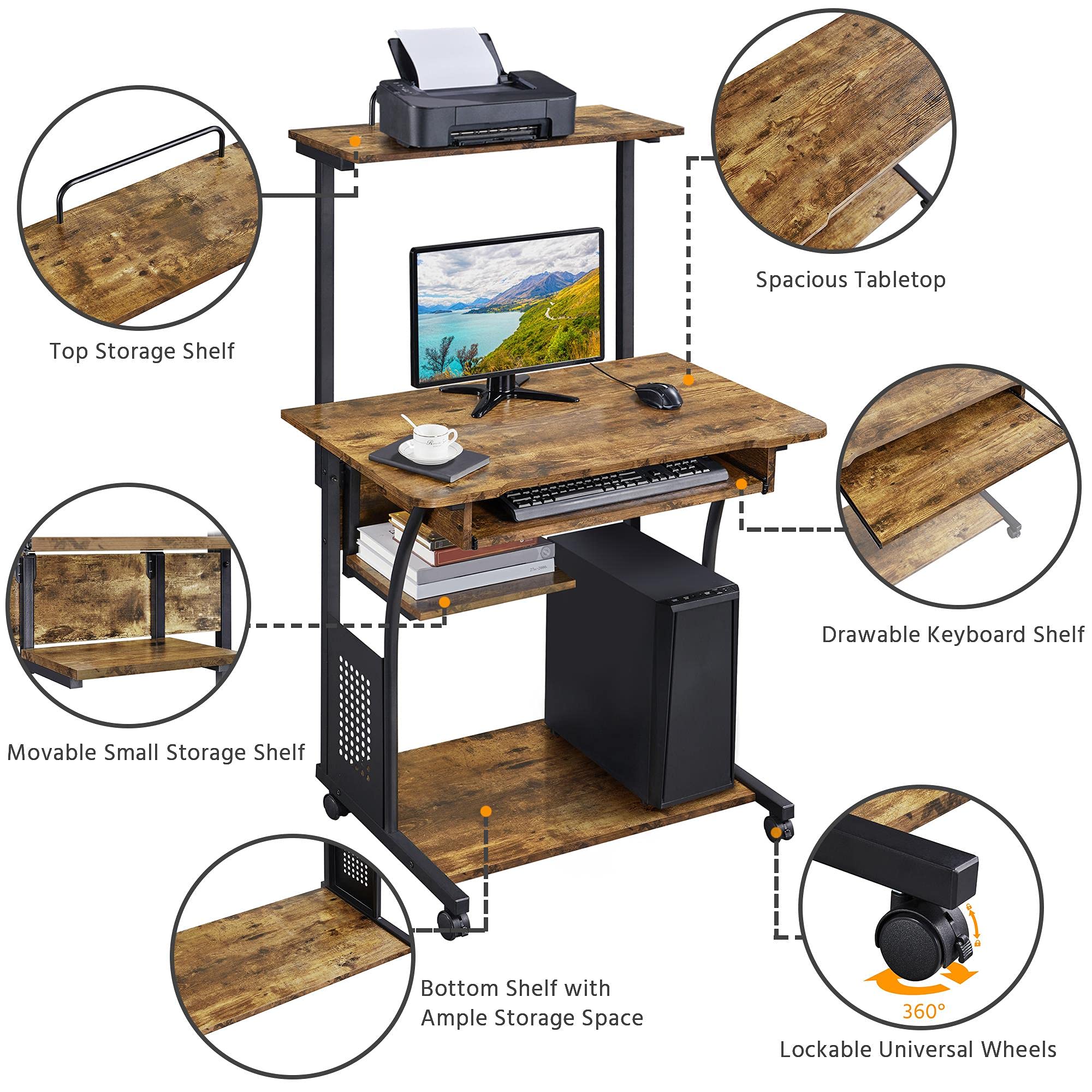 Yaheetech 3-Tier Computer Desk with Printer Shelf & Keyboard Tray - Sturdy Home Office Desk, Rolling Workstation for Small Spaces, Rustic Brown - Perfect for Remote Work, Gaming & Study Setup