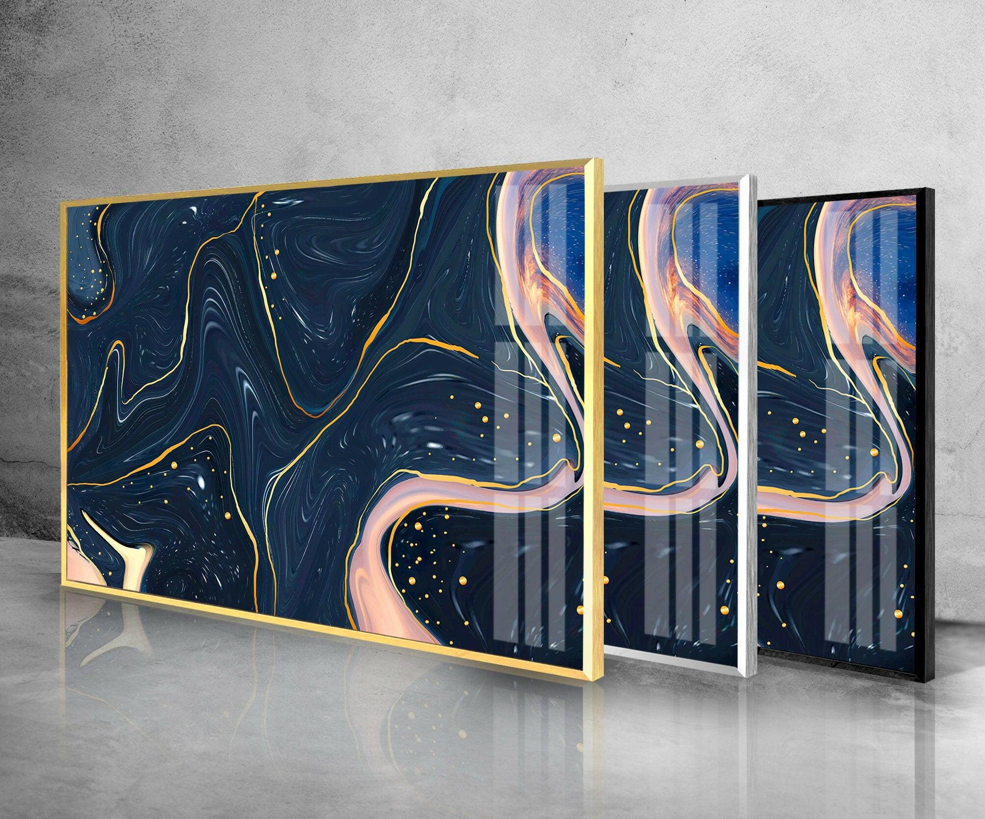 Abstract Dark Blue Glass Wall Art - Modern Handmade Decor for Living Room, Bedroom & Office - Unique Home & Office Decoration