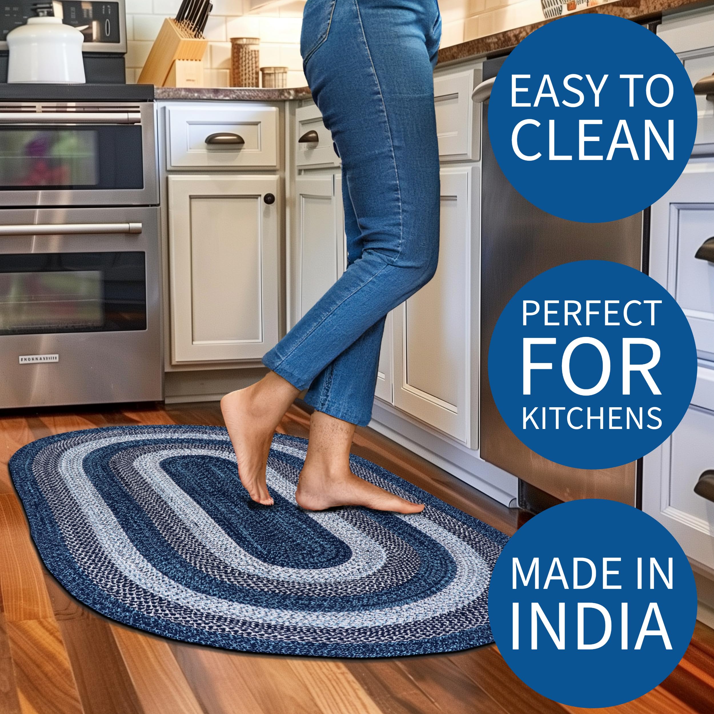Washable Braided Oval Rug 4' x 6' - Rustic Aqua Blue/White/Black - Kitchen, Dining Room, Patio & Porch Floor Mat - Non-Slip Indoor Outdoor Area Rug for Home Decor