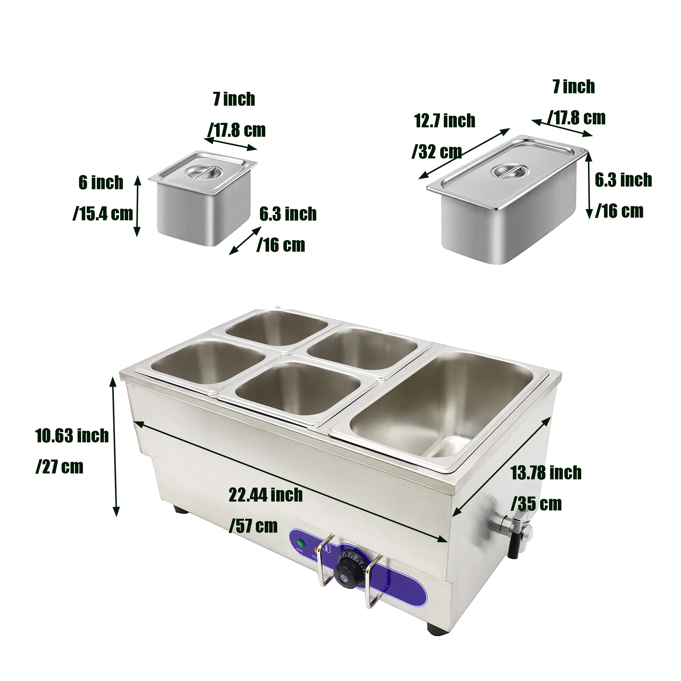 Commercial 110V 5-Pan Stainless Steel Food Warmer - 1500W Electric Steam Table with Adjustable Temperature (6