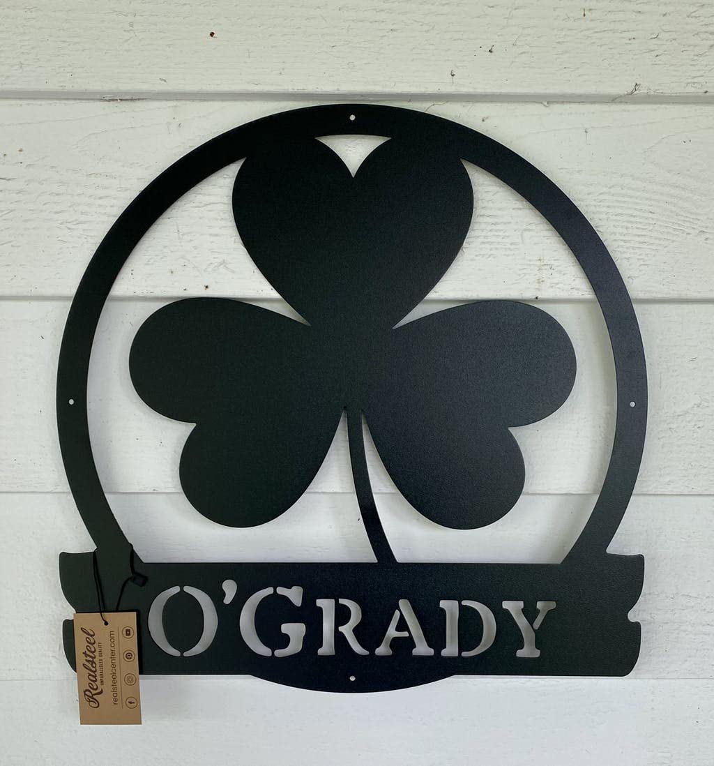 RealSteel Shamrock Monogram - Custom Irish Clover Wall Decor for St Patrick's Day - Personalized Home Decoration for Living Room, Bedroom, Kitchen & Entryway - 36 Inch Black Metal Sign - Perfect for Irish-Themed Parties & Holiday Home Decor