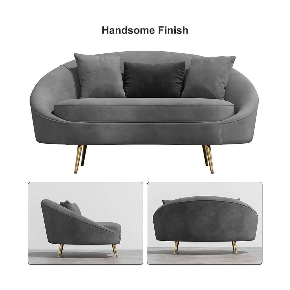 Modern 63 Inch Pink Velvet Curved Sofa with Gold Metal Legs & Throw Pillows - Luxury Living Room Furniture for Small Spaces & Apartments