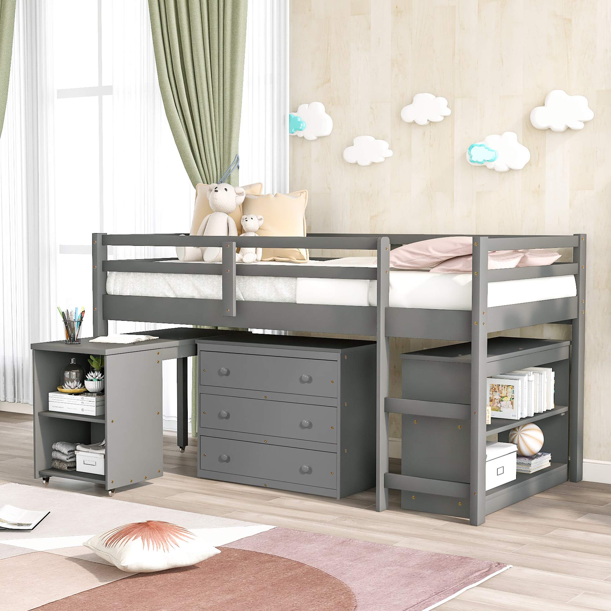 Twin Low Loft Bed with Study Desk for Kids - Rolling Portable Desk, Storage Shelf, Guard Rail & Drawer Cabinet - Solid Pine Wood Bed Frame (Gray) - Perfect for Small Bedrooms, Dorm Rooms & Kids' Study Spaces