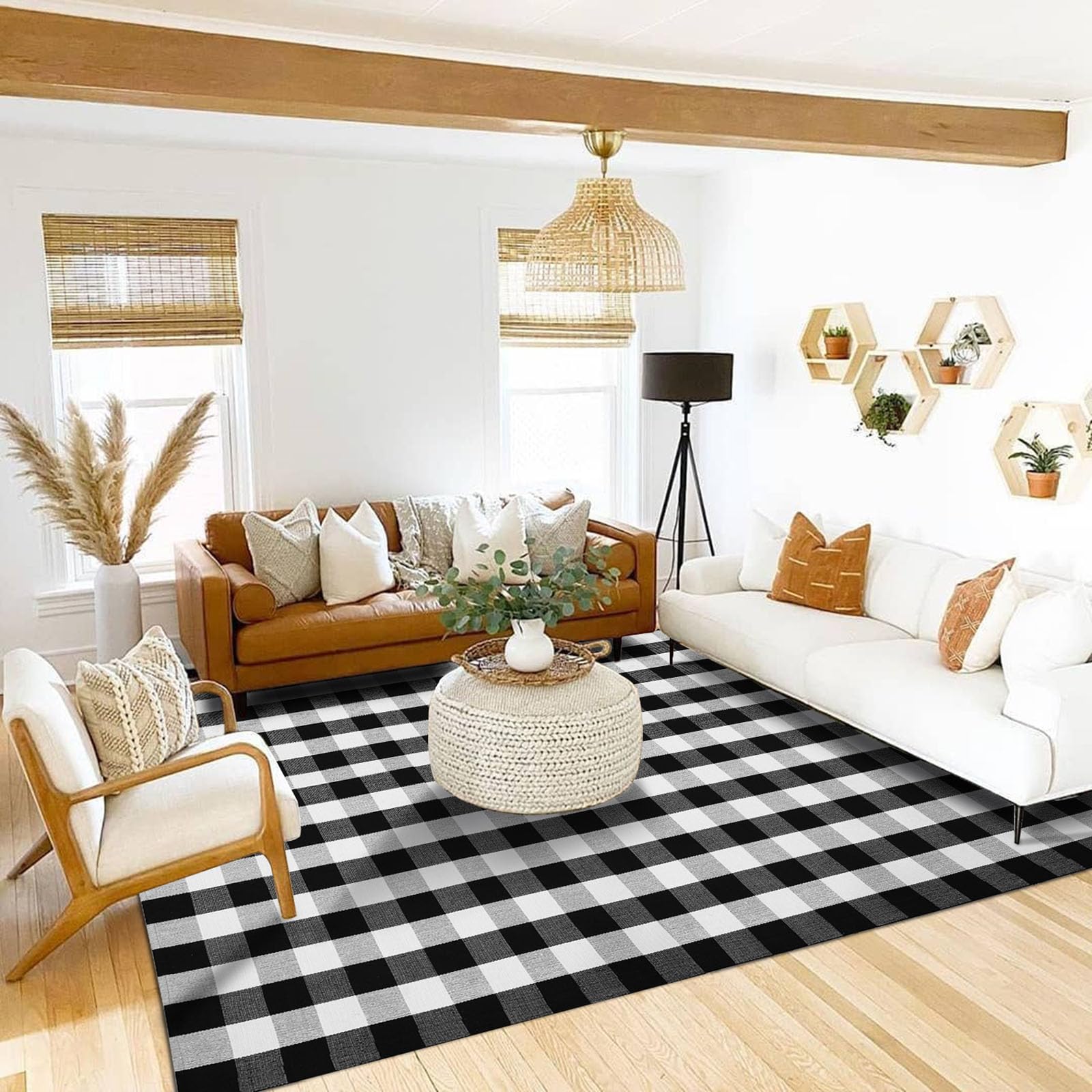 KOZYFLY 8x10 Ft Buffalo Plaid Area Rug - Black & White Checkered Washable Cotton Rug for Living Room, Dining Room, Bedroom, Patio & Farmhouse Decor | Indoor Outdoor Use
