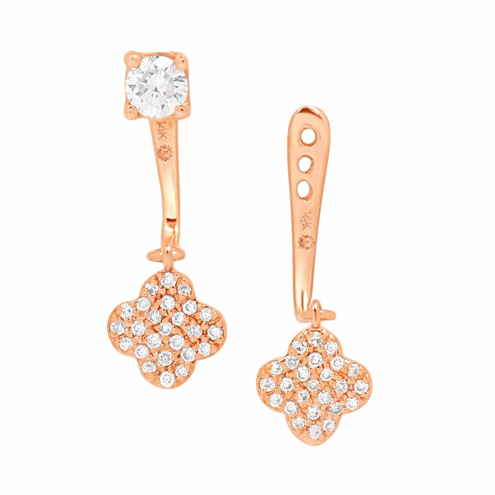 14k Rose Gold Pave Diamond Clover Ear Jacket & Stud Earrings Set - Elegant Dangle & Stud Combo for Women, Perfect for Weddings, Parties & Special Occasions
