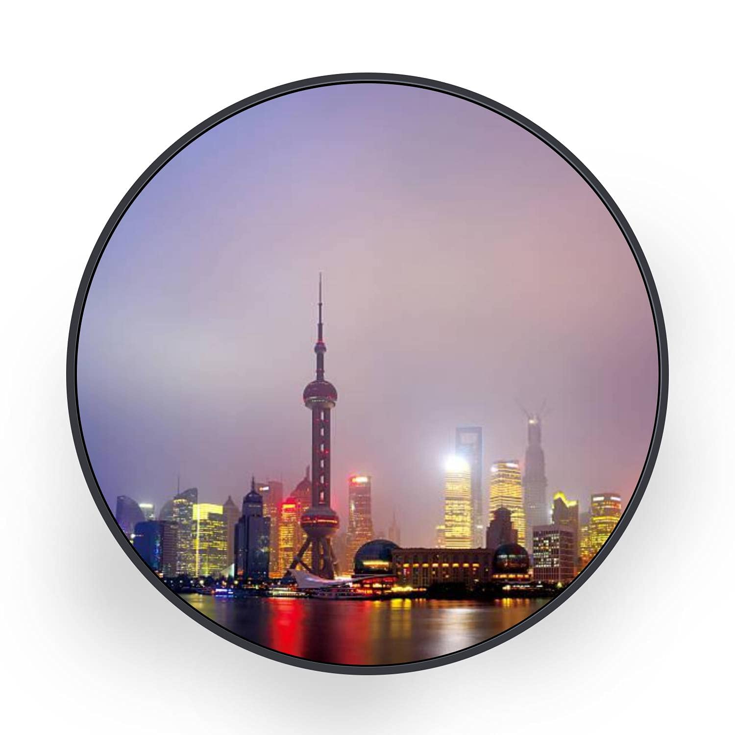 Round Canvas Wall Art - Shanghai Skyline in Fog at Night - Black Framed Ready to Hang Painting for Bedroom & Living Room Decor - Perfect for Modern Home, Office, or Gift