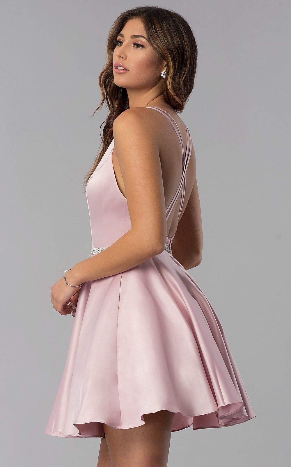 POMUYOO Women's Elegant Scoop Neck Beaded Satin Prom Dress - Short Homecoming Party Gown with Pockets | Perfect for Prom Night, Homecoming Dance, Cocktail Parties & Special Occasions