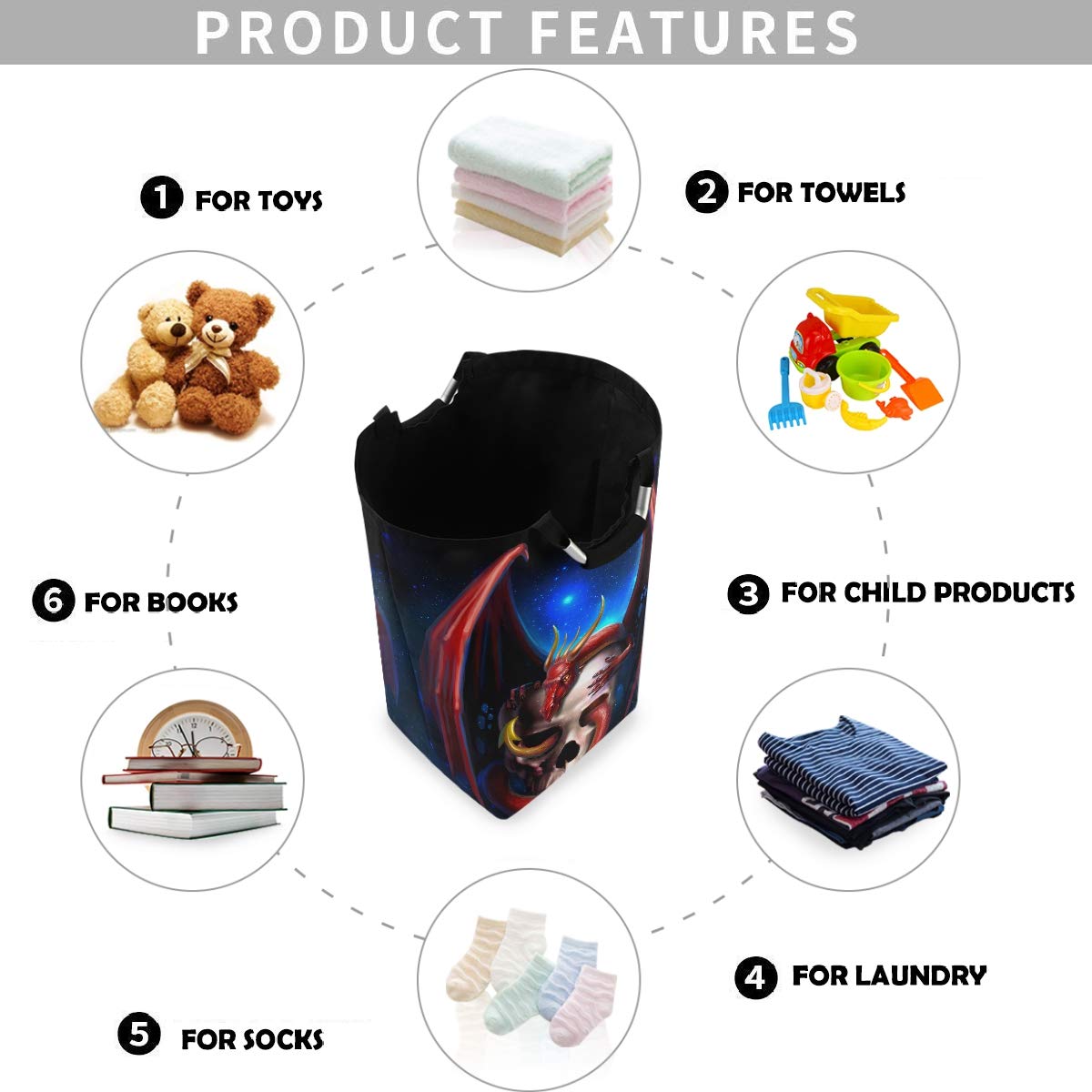 Visesunny Red Dragon Skull Large Laundry Bag - Collapsible Oxford Fabric Laundry Hamper with Handles, Foldable Portable Dirty Clothes Basket, Waterproof Washing Bin & Laundry Tote Bag for College Dorm, Camping, Travel & Home Organization