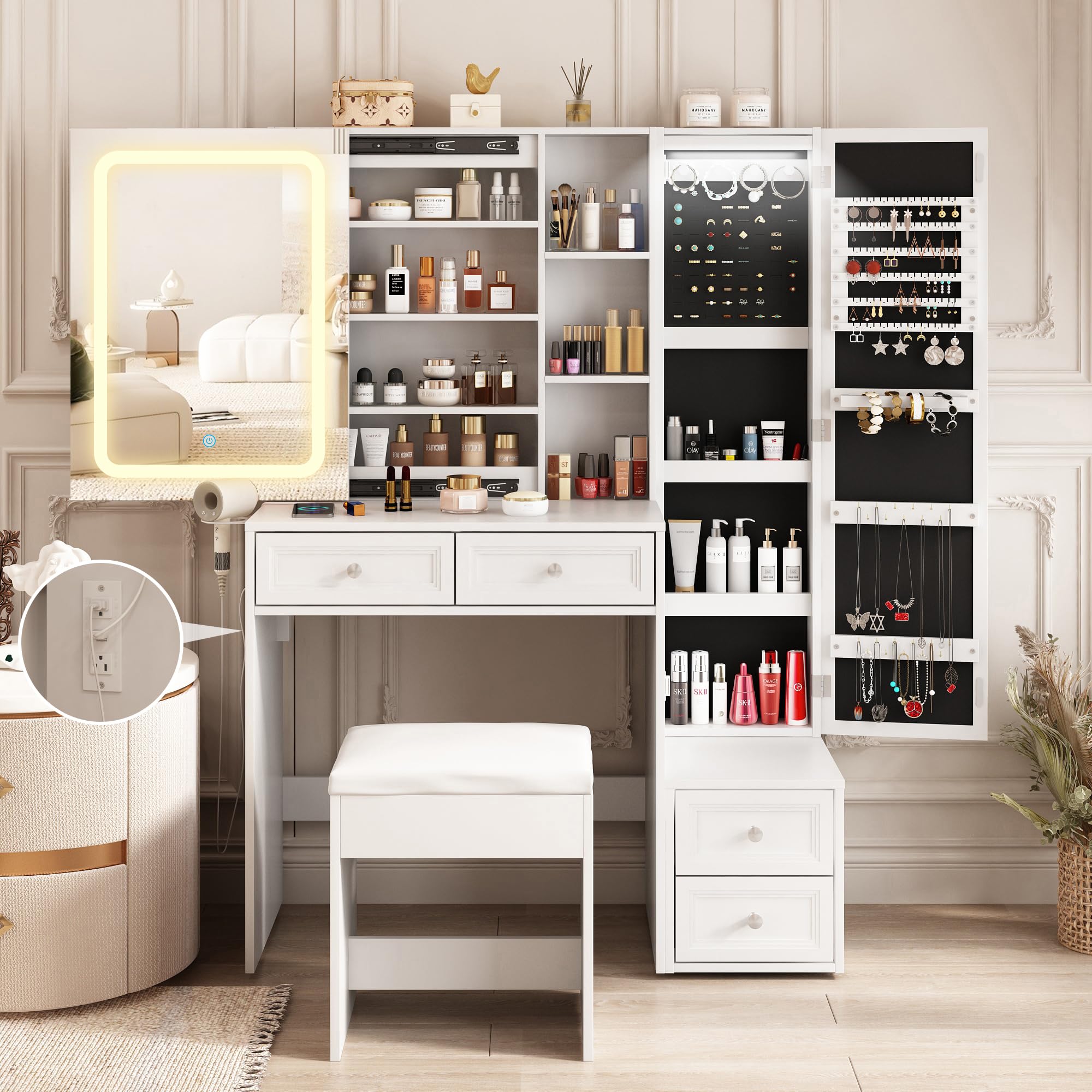 LED Makeup Vanity Desk with Sliding Mirror & Jewelry Cabinet - Adjustable Brightness Dressing Table with 4 Drawers, Charging Station & Storage Shelves - Includes Cushioned Stool Set for Bedroom, Salon & Home Beauty Station