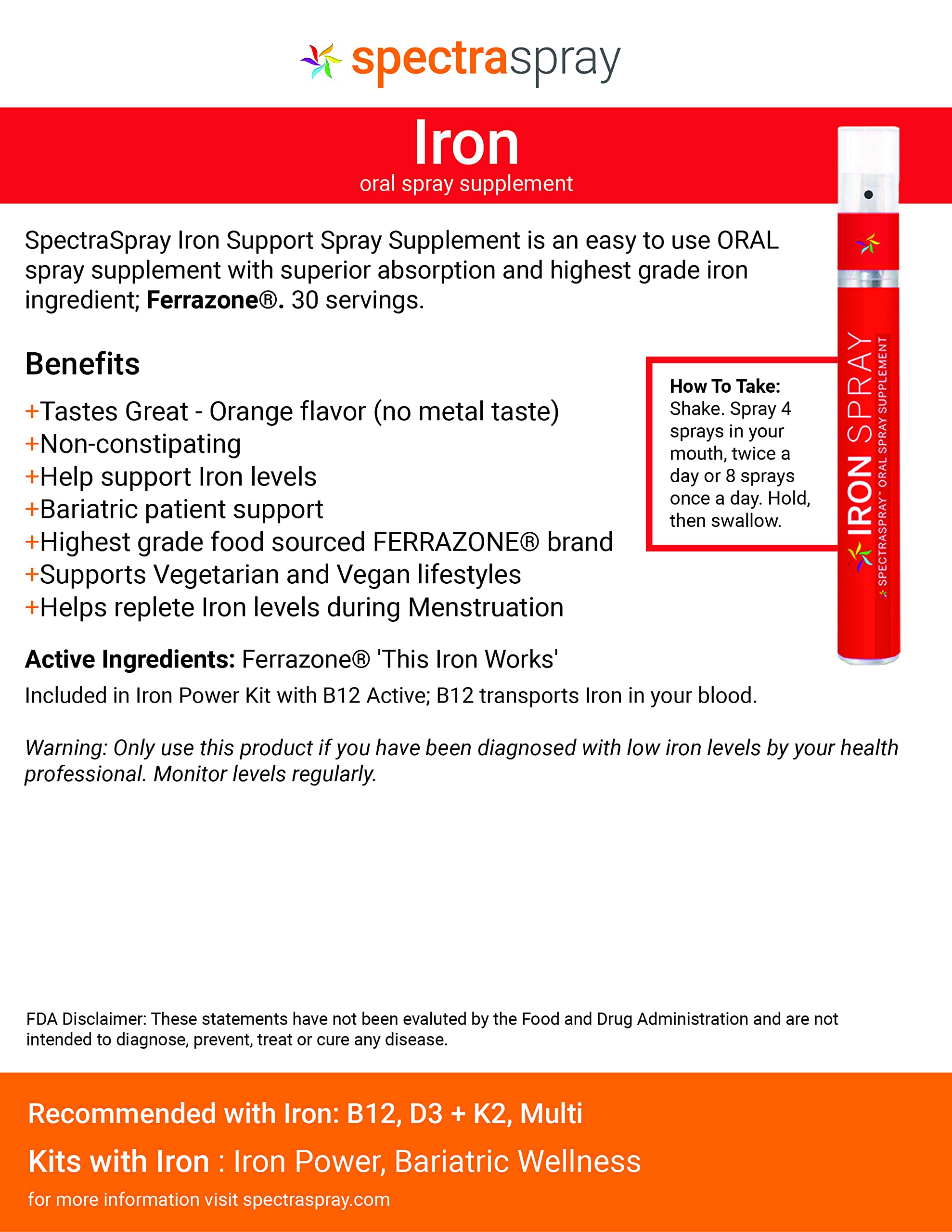 SpectraSpray Iron Supplement - Fast Absorbing Oral Spray with Essential Minerals for Energy & Vitality | Supports Healthy Blood & Immune System - Perfect for Athletes, Vegans & Busy Professionals