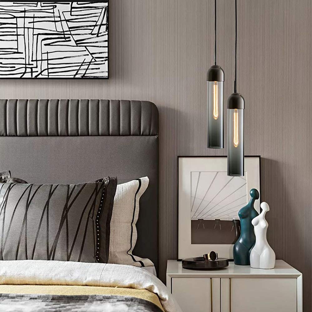 Modern Kitchen Island Pendant Light - Cylindrical Glass Chandelier with Flute Bulb Socket, Smoke Gray | Stylish Ceiling Lighting for Dining Room, Living Room & Bedroom Decor