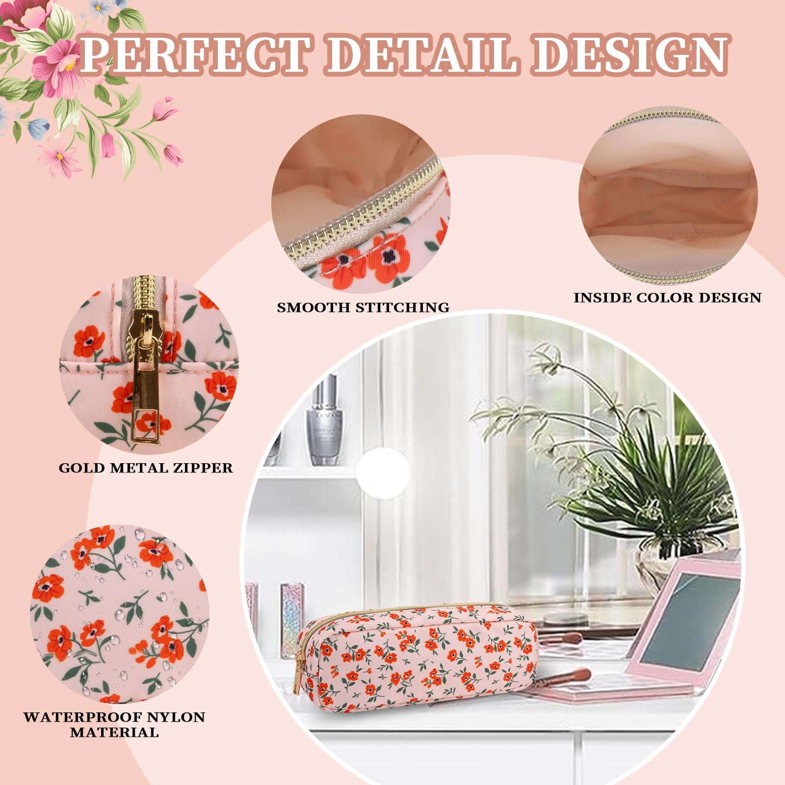 XSUIOY Floral Small Makeup Bag for Purse - Nylon Pencil Pouch, Coquette Aesthetic Cosmetic Organizer - Waterproof Travel Toiletry Bag for Makeup Brushes & Essentials (Orange Floral) - Perfect for School, Work, Gym & Vacation Travel Accessories
