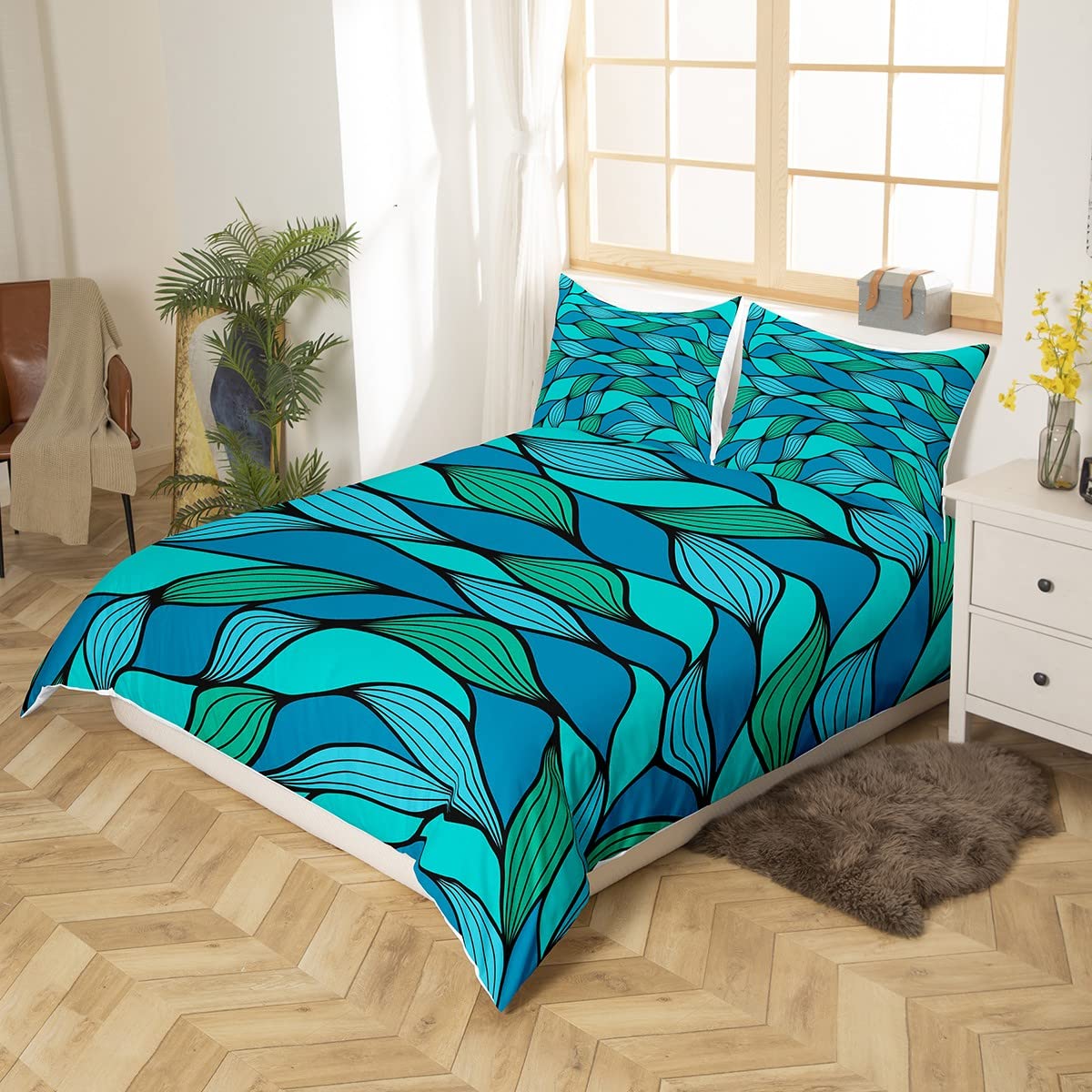 Abstract Ocean Waves Geometric Duvet Cover Set Twin Size - 2 Piece Kids Teens Girls Bedding with Swirl Teal Spiral Stripes Design & 1 Pillowcase - Perfect for Coastal Themed Bedrooms, Teen Room Decor, and Modern Nursery Designs