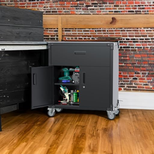 Aobabo Heavy Duty Metal Storage Cabinet with Wheels - Mobile Garage Tool Chest with 1 Drawer & 2 Locking Doors - Rolling Utility Cabinet for Workshop, Garage, or Home Organization - Black (Assembly Required)