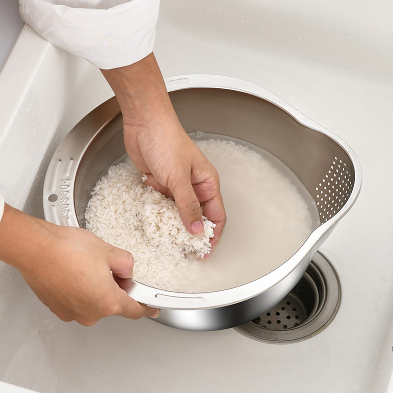 4-in-1 Stainless Steel Rice Washer & Colander Bowl - Perfect for Washing Quinoa, Fruits, Vegetables and Beans - Drain Holes Design for Easy Rinsing - Ideal for Healthy Cooking & Meal Prep in Modern Kitchens