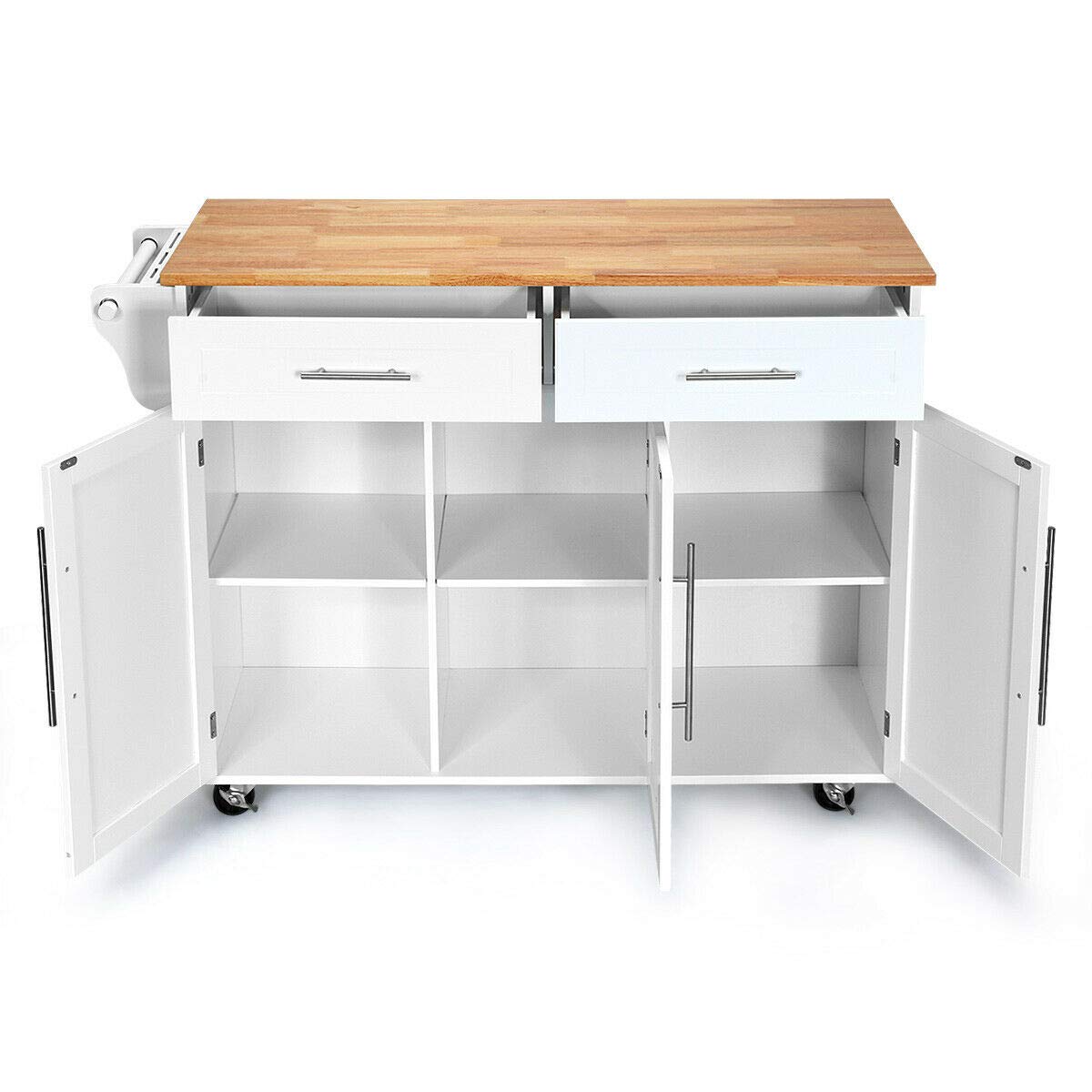 White Rolling Kitchen Trolley Island with 2 Drawers & 2 Cabinets - Knife Block, Towel Rack & Rubber Wood Top - Perfect for Pantry Organization, Silverware Storage & Kitchen Serving - Ideal for Small Kitchens, Dining Room Buffets & Mobile Food Prep Stations