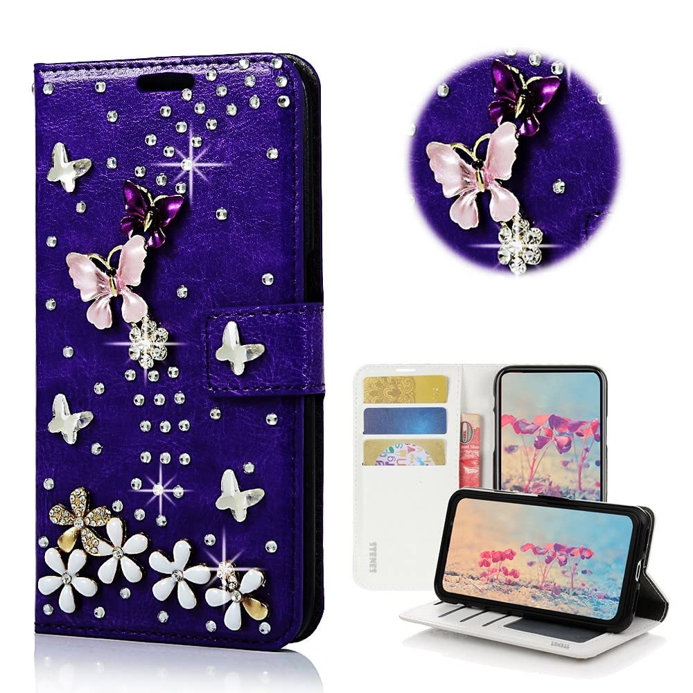 STENES Bling Wallet Case for Samsung Note 10 Lite - 3D Butterfly Floral Leather Cover - Purple | Perfect for Daily Use & Travel