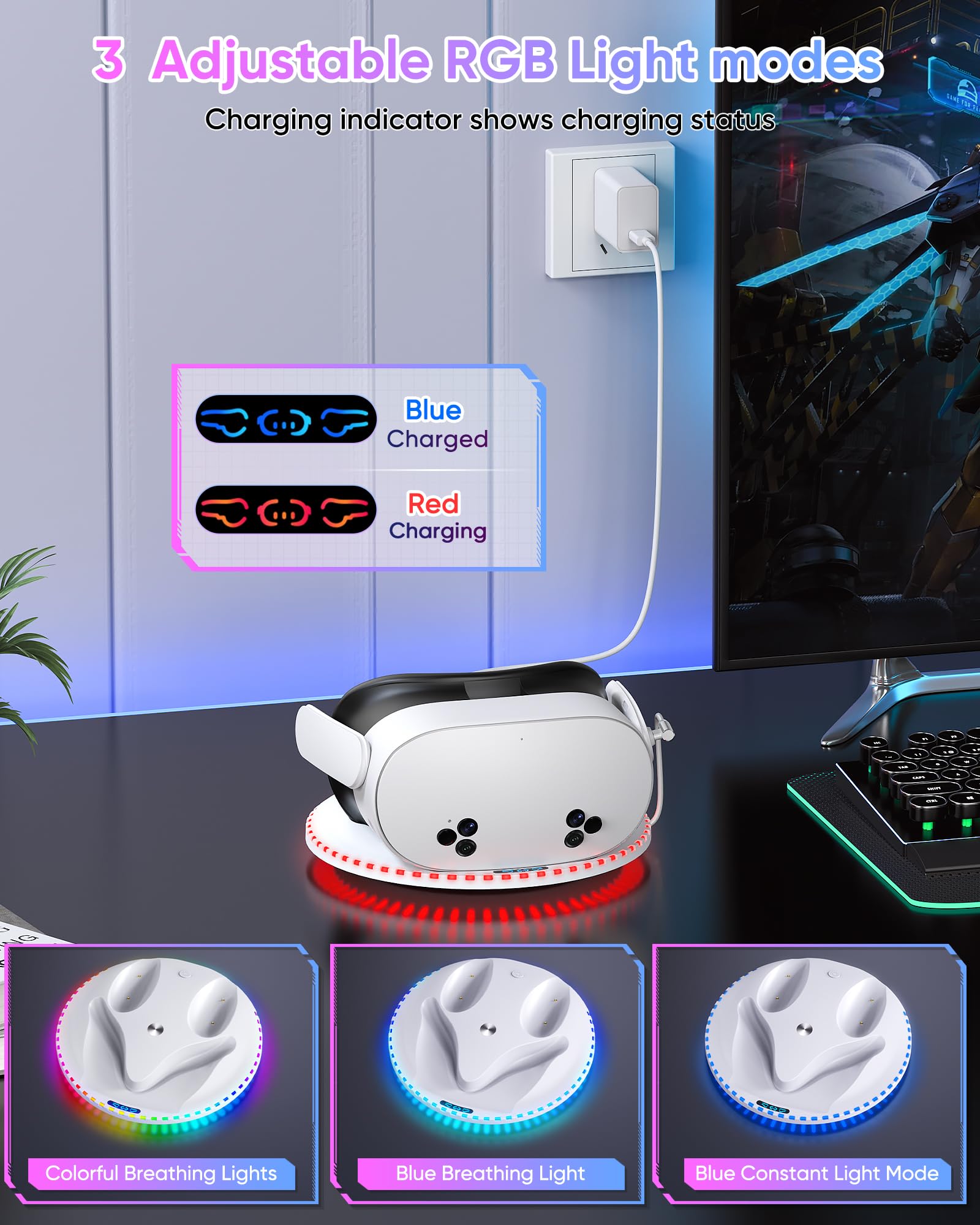 Kinwin 30W Fast Charging Dock for Meta Quest 3 & Quest 3S - VR Headset and Controller Charging Station with RGB Lights & 2 Rechargeable Batteries - Perfect for Gaming, VR Entertainment & Oculus Accessories