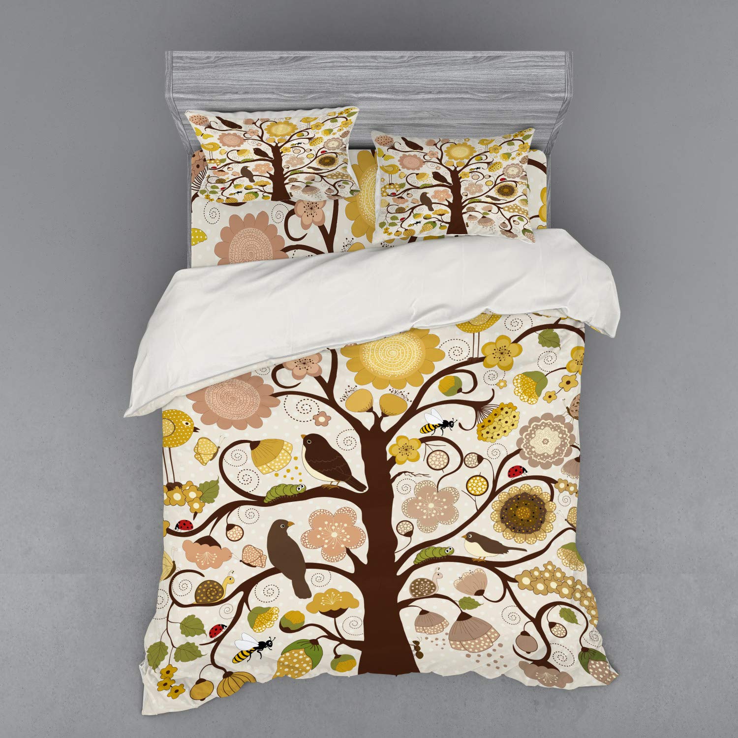 Ambesonne Botanical Tree Duvet Cover Set - 4 Piece Queen Size Bedding with Shams & Fitted Sheet - Chocolate Dark Yellow Floral Garden Design - Perfect for Master Bedroom, Guest Room & Bohemian Home Decor