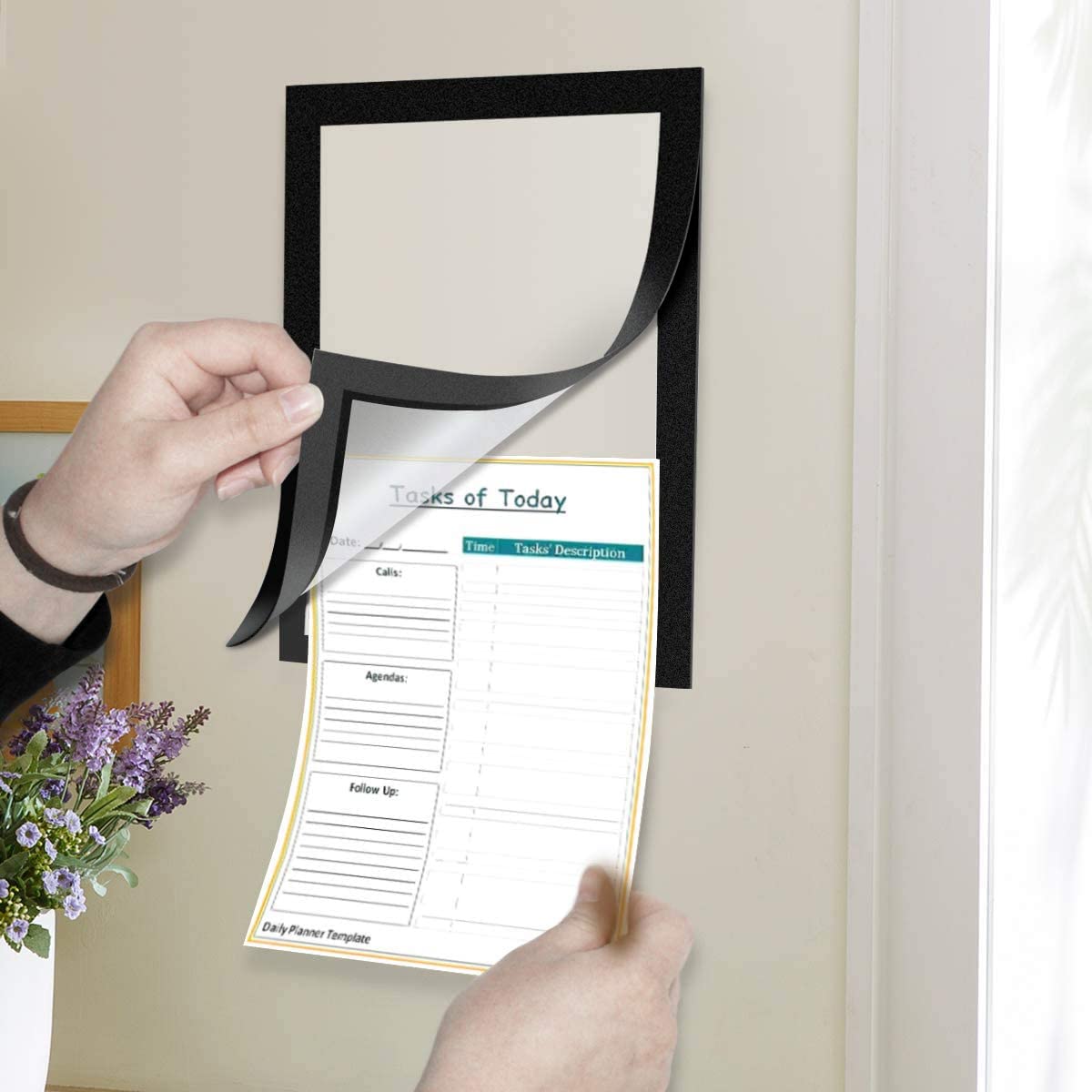 Magnetic Adhesive Sign Holder Pockets 8.5 x 11.6 Inches - 6 Pack Black Plastic Document Frames for Fridge, Whiteboard, Cabinet & Office Notice Board - Perfect for Menus, Schedules, Photos & Important Documents Display