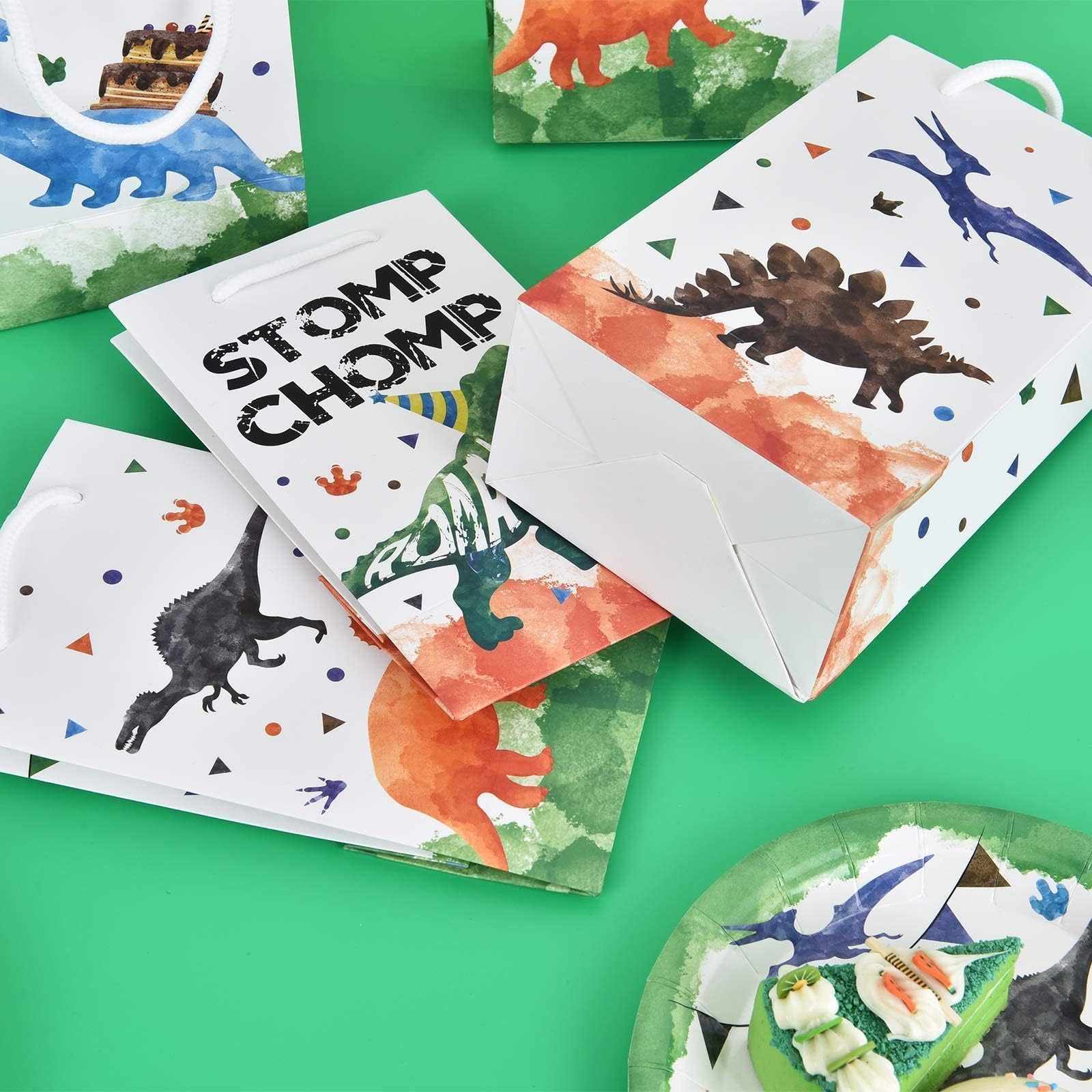 WERNNSAI 16 Pack Dinosaur Party Favor Bags with Handle - Dino Theme Party Supplies for Kids, Boys Birthday, Candy Treat Goodie Bags | Perfect for Dinosaur Birthday Parties, Classroom Rewards & Halloween Treat Bags