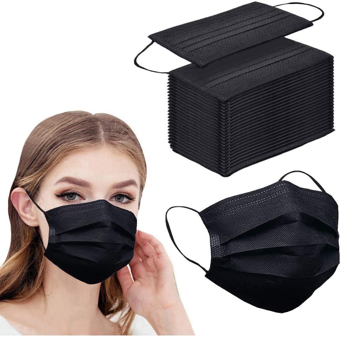 GreatDio® 3-Ply Disposable Face Masks with Nose Wire - Black (100 Pack) - Comfortable Protection for Daily Use, Travel & Public Safety