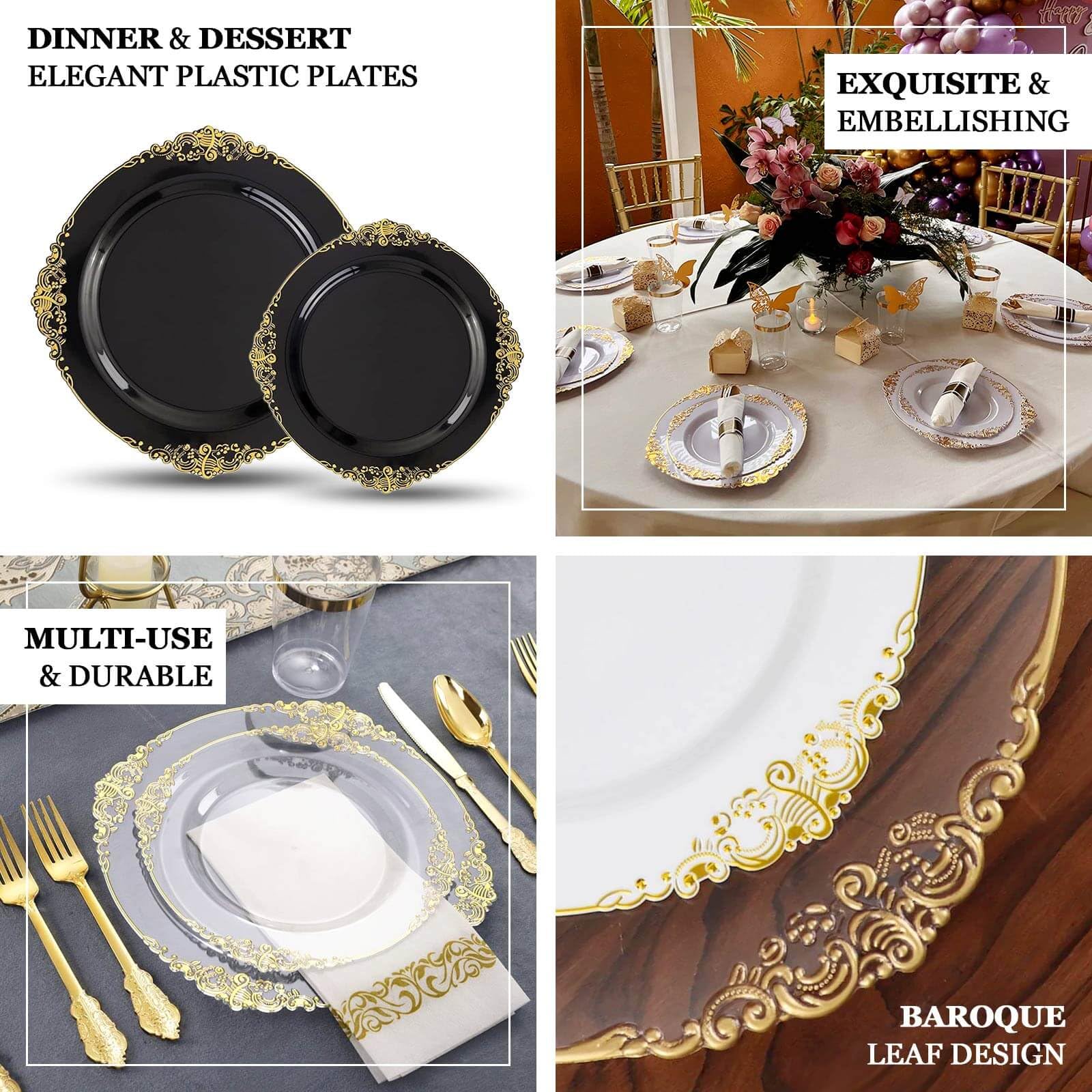 Efavormart 10 Pack Baroque 8 Inch Round Plastic Dessert Plates - Clear/Silver Disposable Tableware with Gold Leaf Embossed Rim for Parties, Weddings & Elegant Dining Events