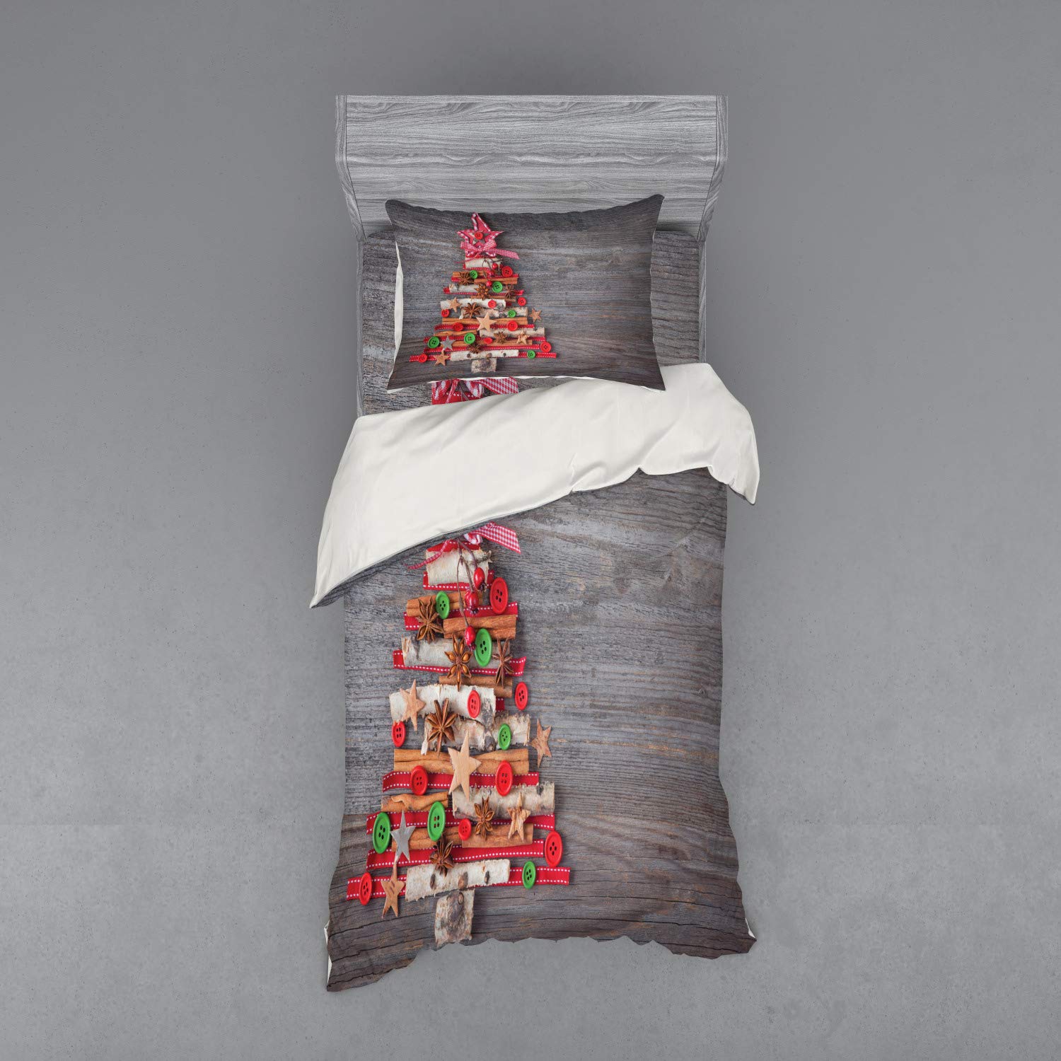 Ambesonne Christmas Duvet Cover Set - Abstract Tree Design with Star Topper & Wooden Backdrop, 3-Piece Bedding Set (Twin XL, Multicolor) for Holiday Home Decor & Cozy Winter Bedroom