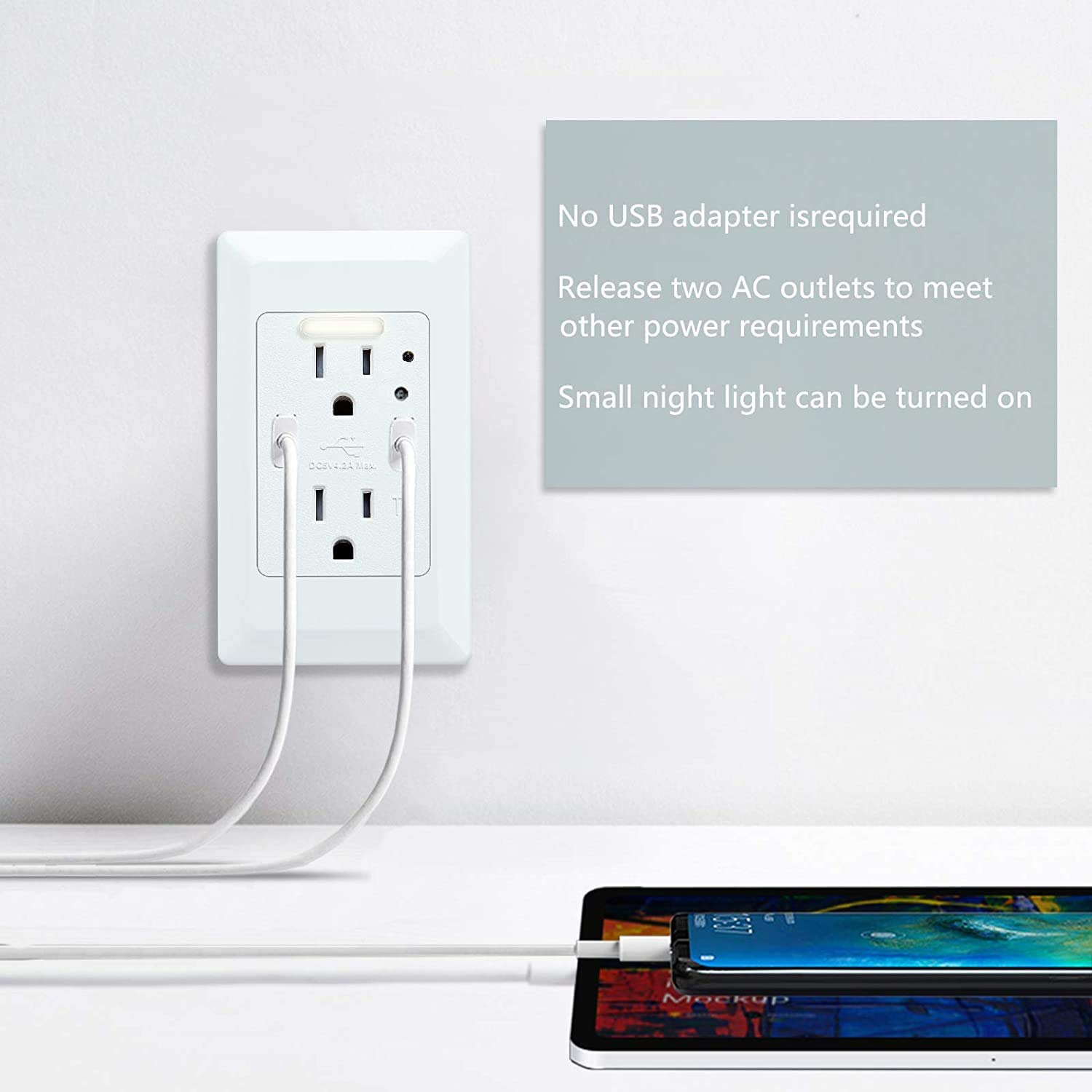 Nineleaf Wall Mount Charger with 2 AC Outlets & 2 USB Ports (4.2A) - Dusk to Dawn LED Night Light Sensor - Fast Charging Power Socket - 8 Pack - Perfect for Bedroom, Kitchen, Office & Travel Charging Needs