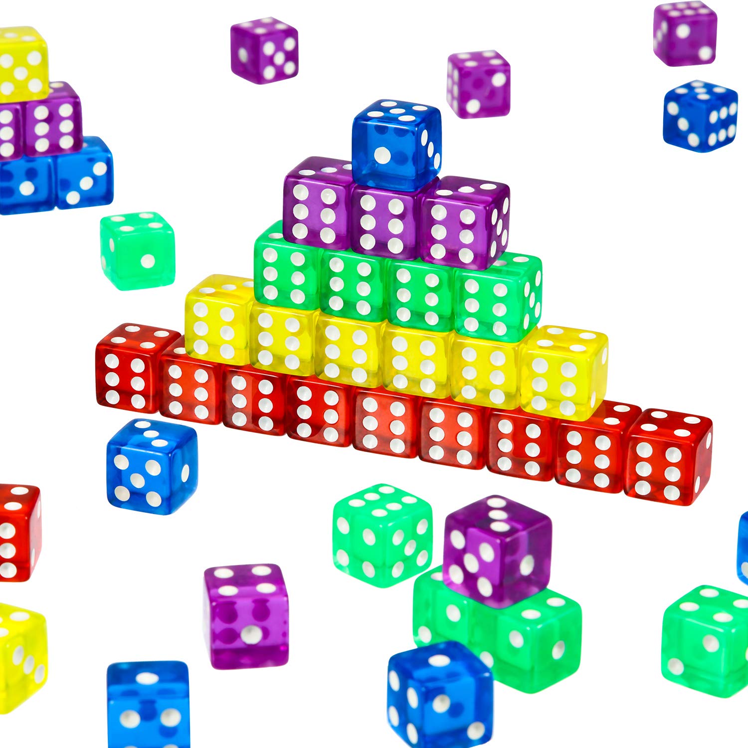50-Piece 6-Sided Game Dice Set - Multi-Colored Dice with Black Velvet Pouches for Board Games, Math Competitions, Casino Nights & Party Favors (Purple, Blue, Green, Red, Yellow, Clear Square Edge) - Perfect for D&D, Yahtzee, Classroom Activities & Family Game Nights