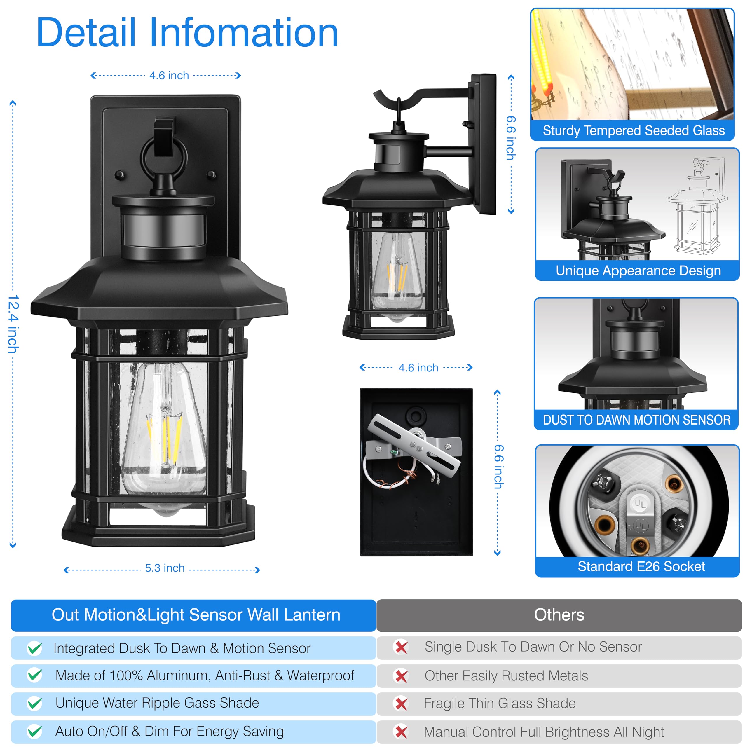 **Motion Sensor Outdoor Light Fixture - Dusk to Dawn Modern Exterior Porch Wall Light, Rust-Proof 100% Aluminum Wall Lantern, Black Farmhouse Style for Garage, Backyard, Patio & Front Door Security Lighting**