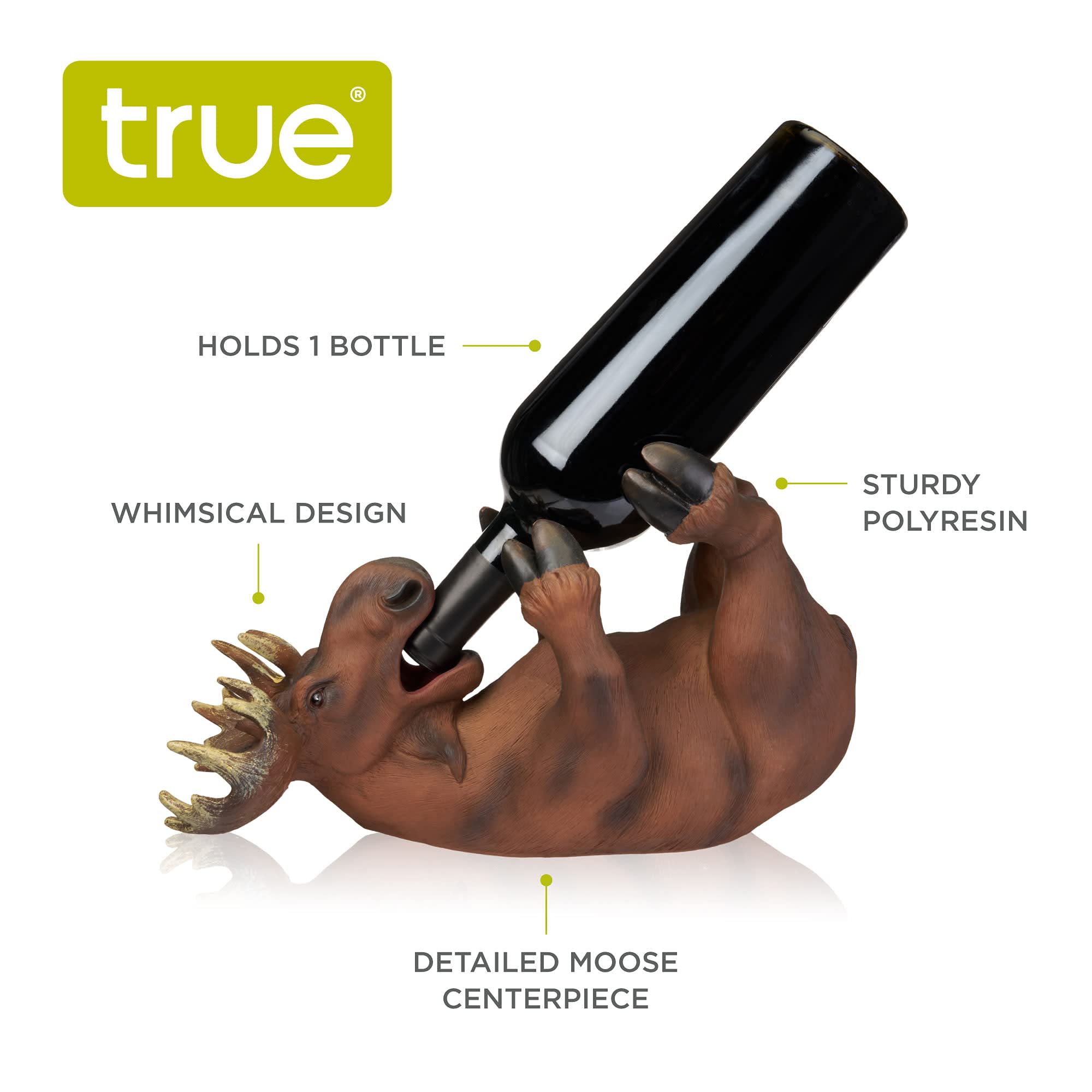True Mischievous Moose Polyresin Wine Bottle Holder - Decorative Tabletop Wine Rack for Wine Enthusiasts, Brown (Holds 1 Standard Bottle) - Perfect for Home Bars, Kitchen Countertops & Gift Giving