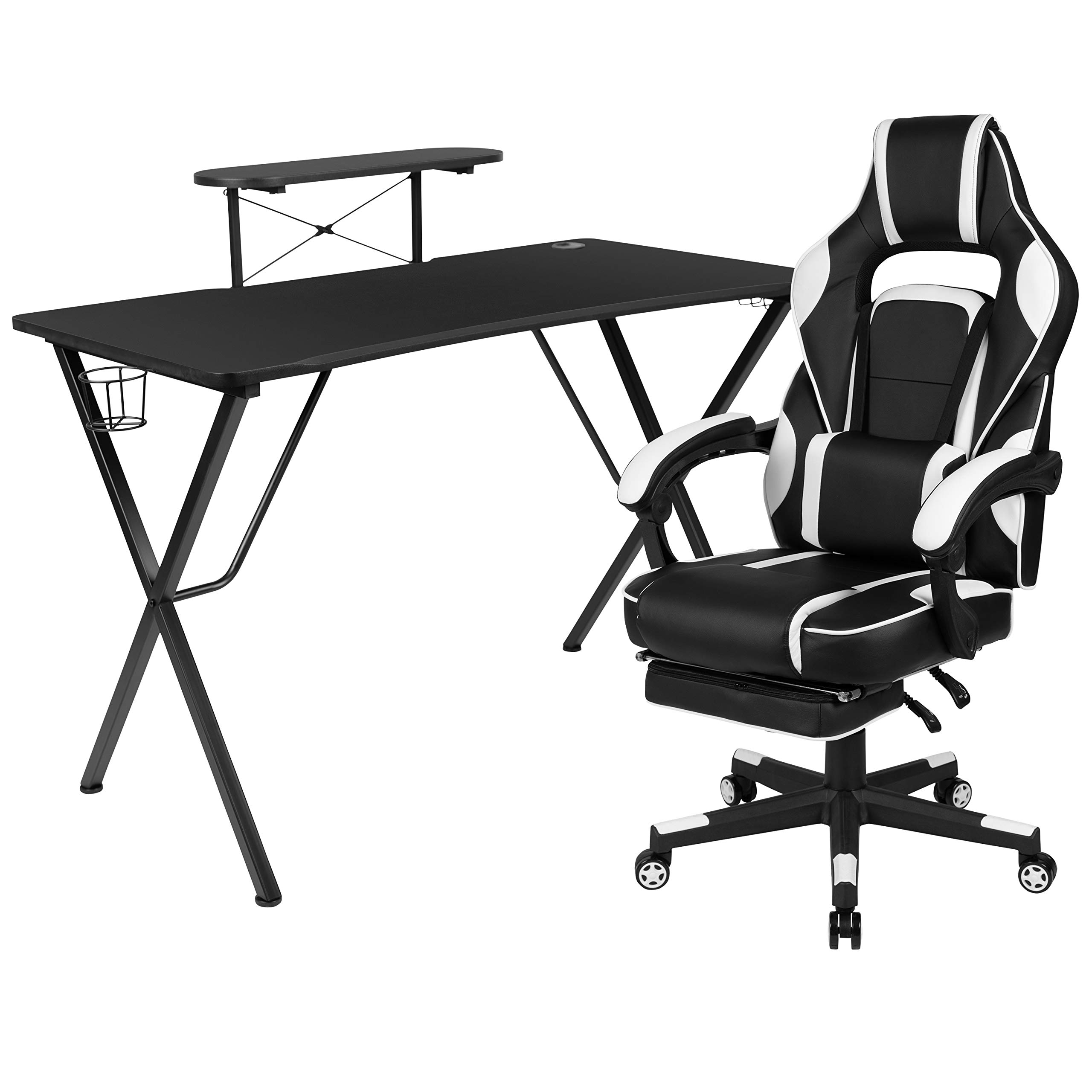 Flash Furniture Optis Black Gaming Desk with Cup Holder, Headphone Hook & Monitor Stand - White Reclining Gaming Chair with Adjustable Arms & Footrest - Perfect for PC Gaming, Streaming & Home Office Setup