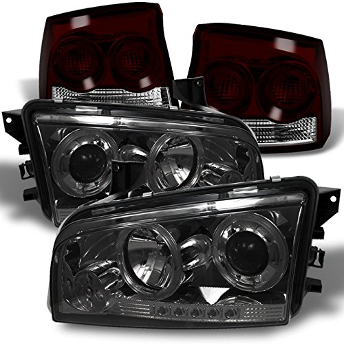 AKKON Smoked Halo Angel Eye LED Projector Headlights & Dark Red Tail Lights for 2009-2010 Dodge Charger - Upgrade Your Ride for Night Driving & Custom Style