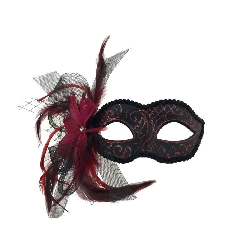 Elegant Black and Red Venetian Mask with Feathers - Perfect for Masquerade Balls, Costume Parties, and Carnival Celebrations