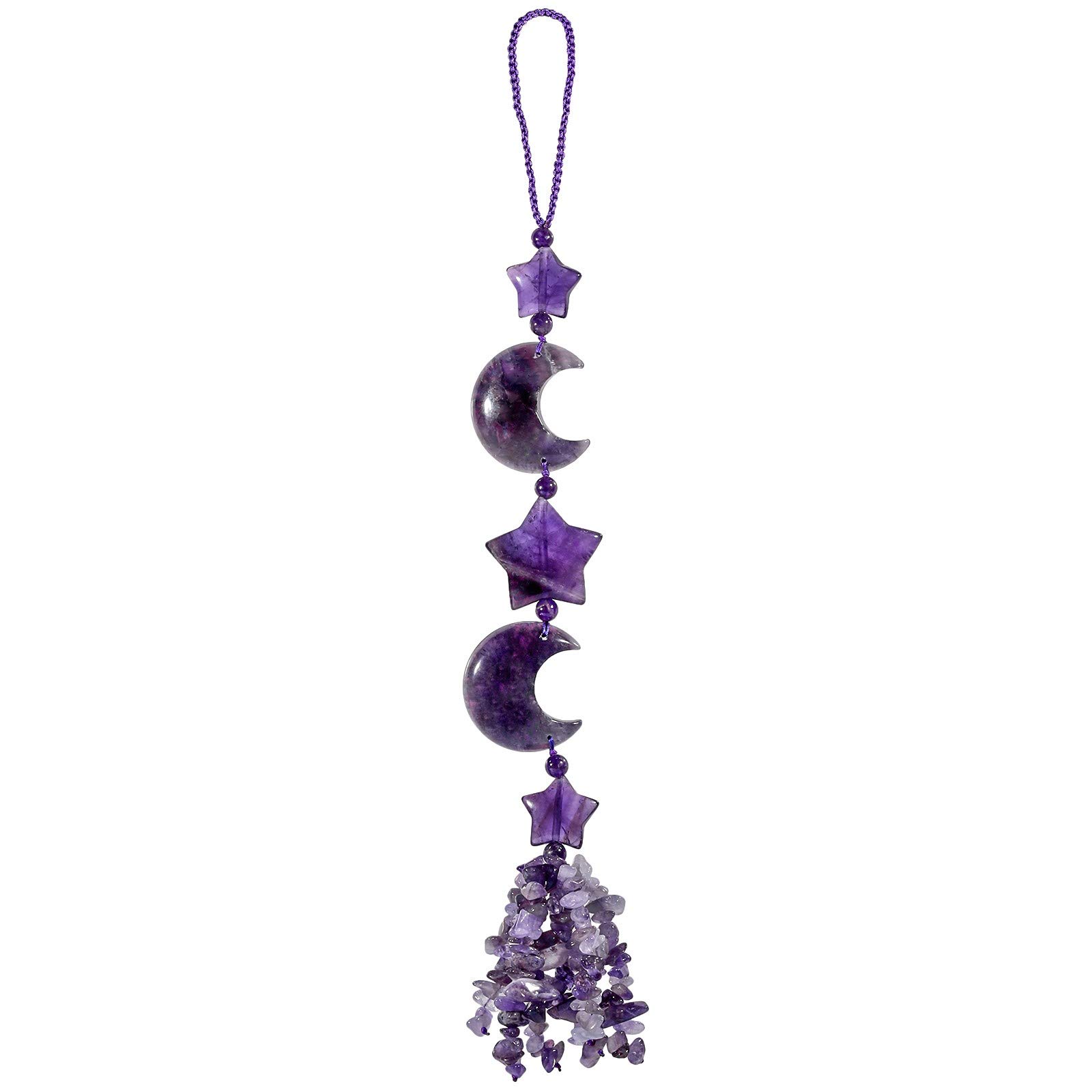 Healing Crystal Stones with Star Moon Design - Handmade Tassel Hanging Ornament for Home, Garden, Car Mirror | Amethyst Decor for Indoor & Outdoor Use - Perfect for Meditation, Feng Shui, and Spiritual Healing