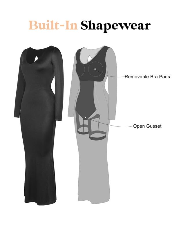 Elegant Popilush Shapewear Ball Gown for Women - Formal Long Sleeve Satin V-Neck Dress for Wedding, Cocktail Party & Special Occasions | Slimming Maxi Dress for Evening Events & Red Carpet