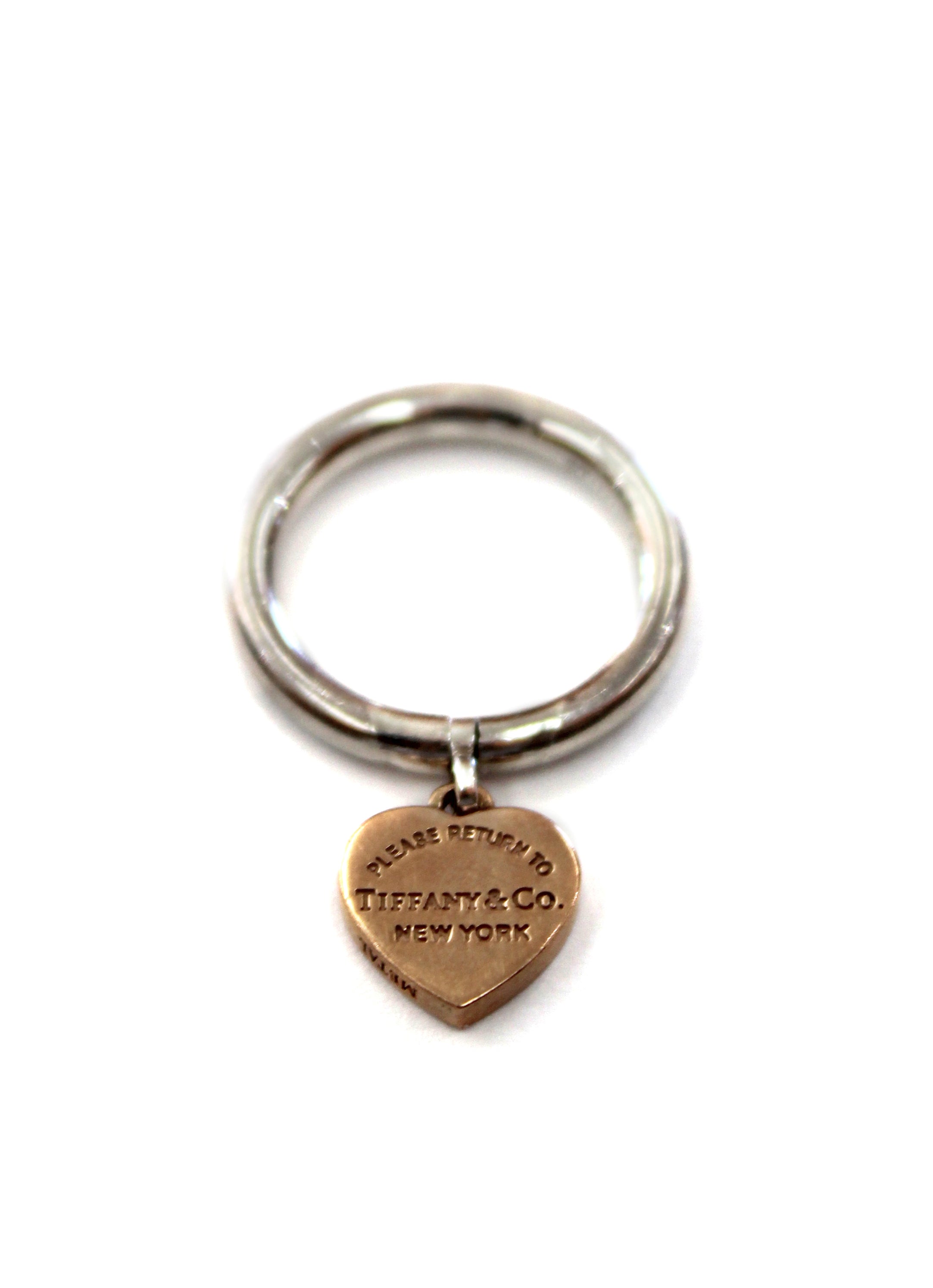 Authentic Tiffany & Co. Sterling Silver & Rubedo Heart Dangle Ring for Women - Size 4 | Elegant Valentine's Gift, Anniversary Jewelry & Everyday Luxury Accessory