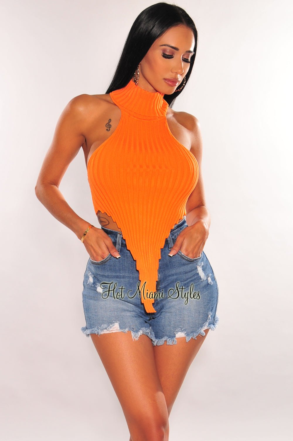 Stylish Tangerine Ribbed Knit Turtleneck Crop Top with Asymmetrical Hem | Trendy Fall Winter Fashion for Women | Perfect for Casual Outings, Date Nights & Layered Looks