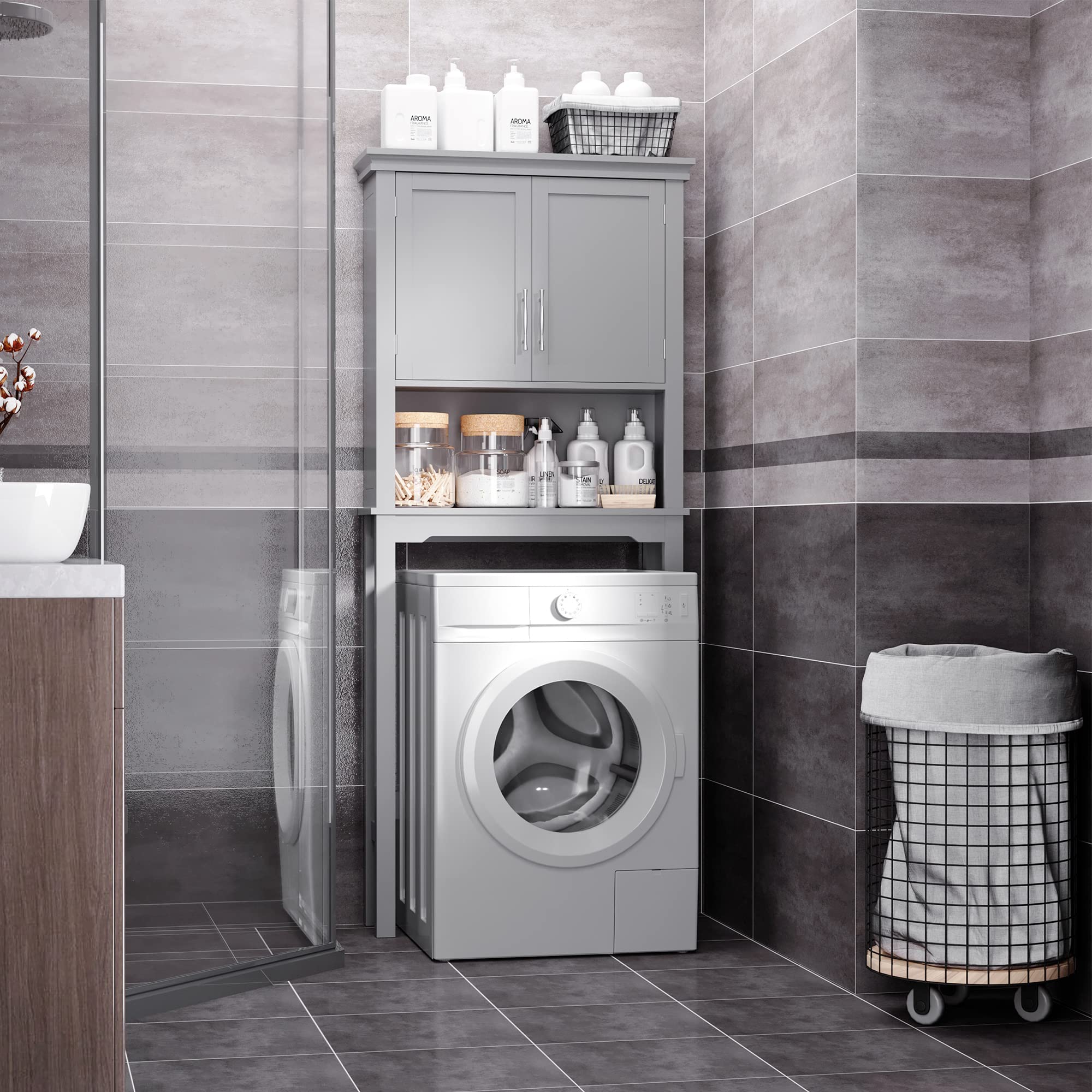 Kleankin Modern Over The Toilet Storage Cabinet - Double Door Bathroom Organizer with Adjustable Shelves, Open Shelf Space, Grey - Perfect for Small Bathroom Organization & Extra Storage