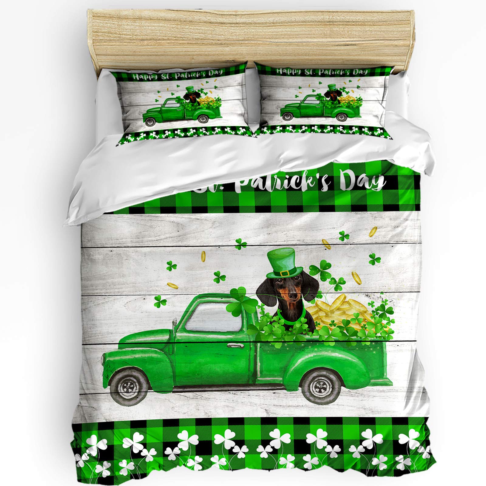 3Pcs Modern Duvet Cover Set - 1 Duvet Cover & 2 Pillowcases with St. Patrick's Day Truck, Dachshund & Gold Coins Design - Wood Grain Pattern Queen Size Bedding Set with Zipper Closure & Corner Ties - Perfect for Holiday Decor, Guest Room & Cozy Bedroom Makeover